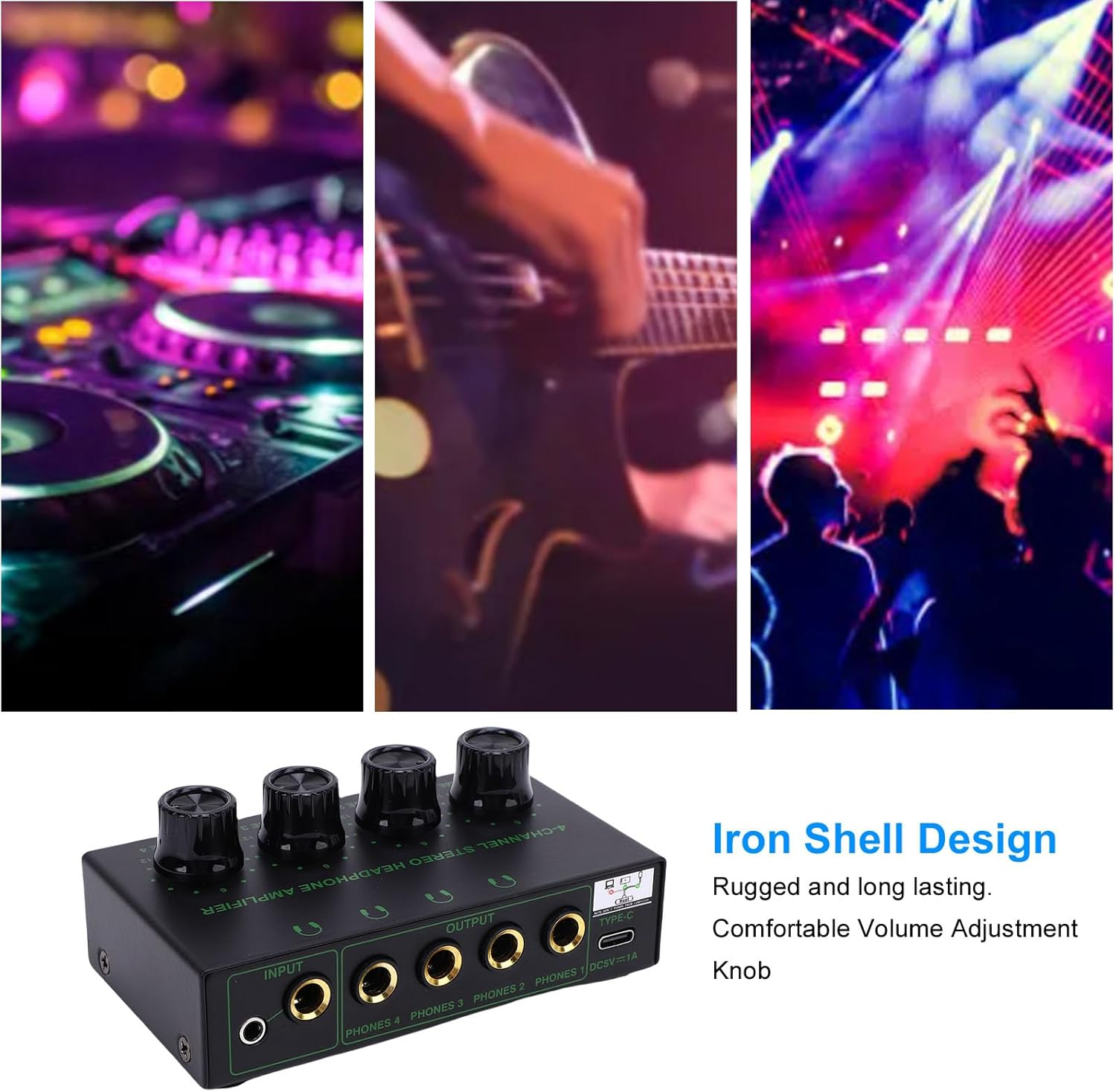 Generic Headphone Amplifier, 4 Channels Metal Stereo Audio Amplifier with Independent Volume Control, Stereo Headphone Amplifier with Knob Volume Adjustment for Studio Stage image number 6