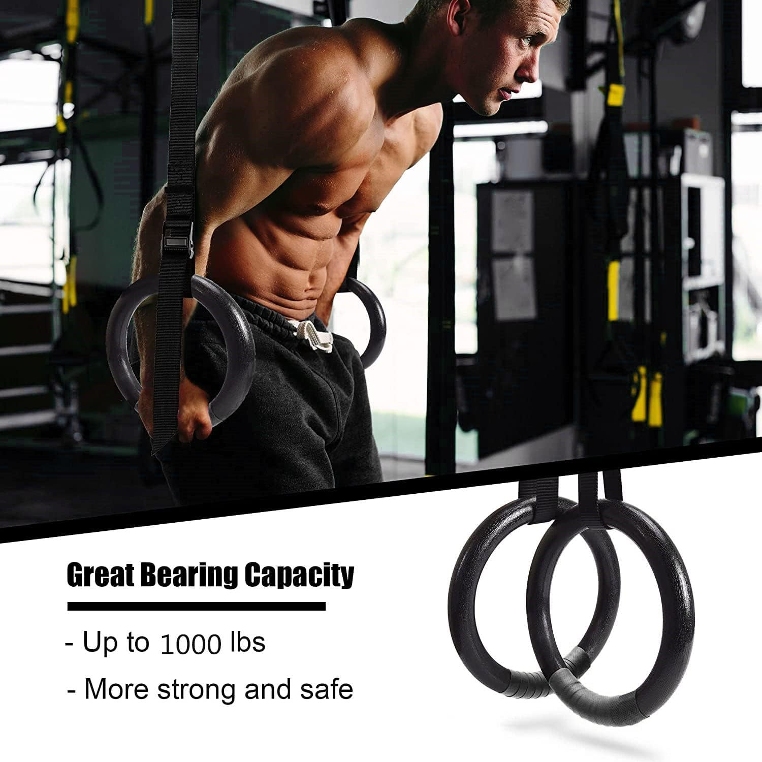 HCE Gymnastic Rings with Adjustable Straps & Metal Buckles, Non-Slip Olympic Ring Hoops Pair - Gym Rings, Strength Training, Pull-Ups, Dips or Chin-Ups Sports Fitness Exercise Workout - Wood image number 4