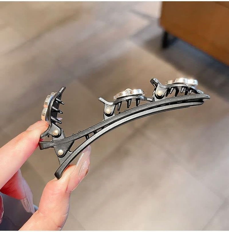 Pack of 2 Hair Clips with Crystal Flower Double Bang Hairstyle Hair Pin Clips with 3 Hair Clips Headband with Clips Hair Clips Hair Clips for Thick Hair for Women Girls Black image number 3