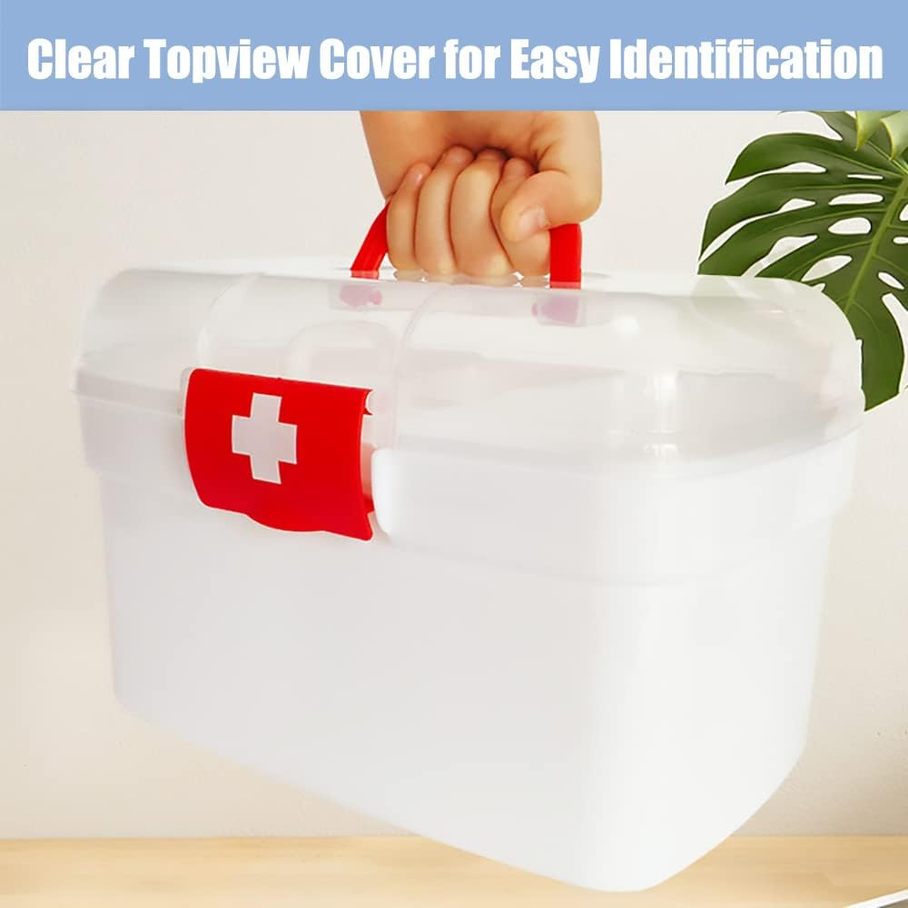 Portable Empty Small Home & Work First Aid Box with an Internal 4 Grid Tray, Handled Household Medicine Storage Box, Multipurpose Plastic Storage Box (White)