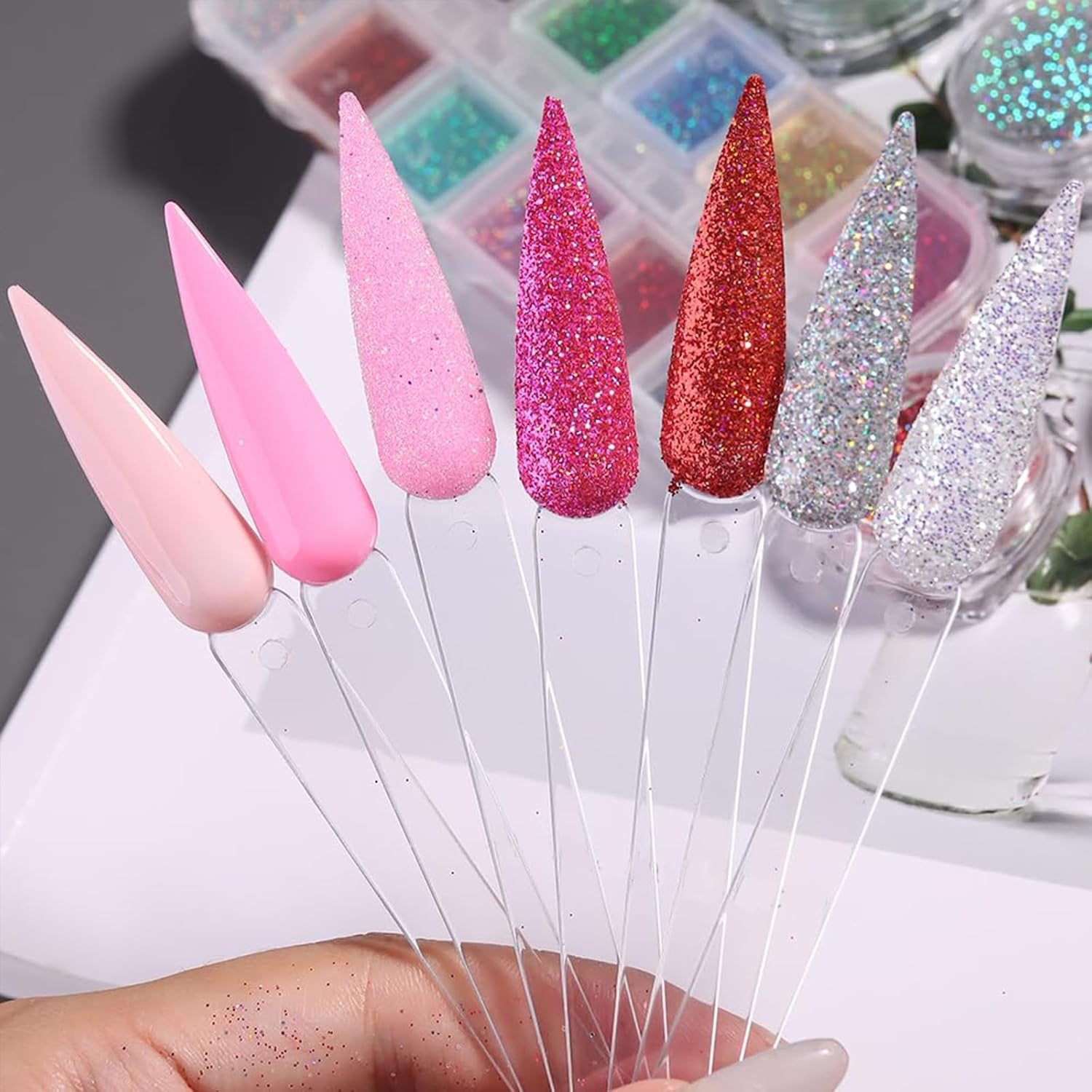 Kzvsiy 100 Pcs Clear Stiletto Nail Swatch Sticks with Rings, Transparent Pointed Nail Display Tips for Polish Color Samples, Manicure Practice Board for Salon & Home Use