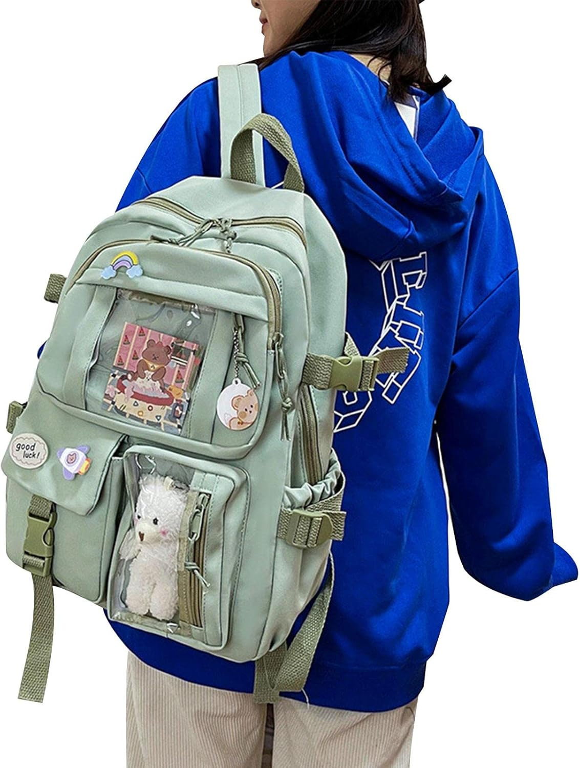 Backpack with Cute Pin & Plush Bear Accessories, Cute School Backpack Pastel Aesthetic Backpack for Girls - Beige image number 5