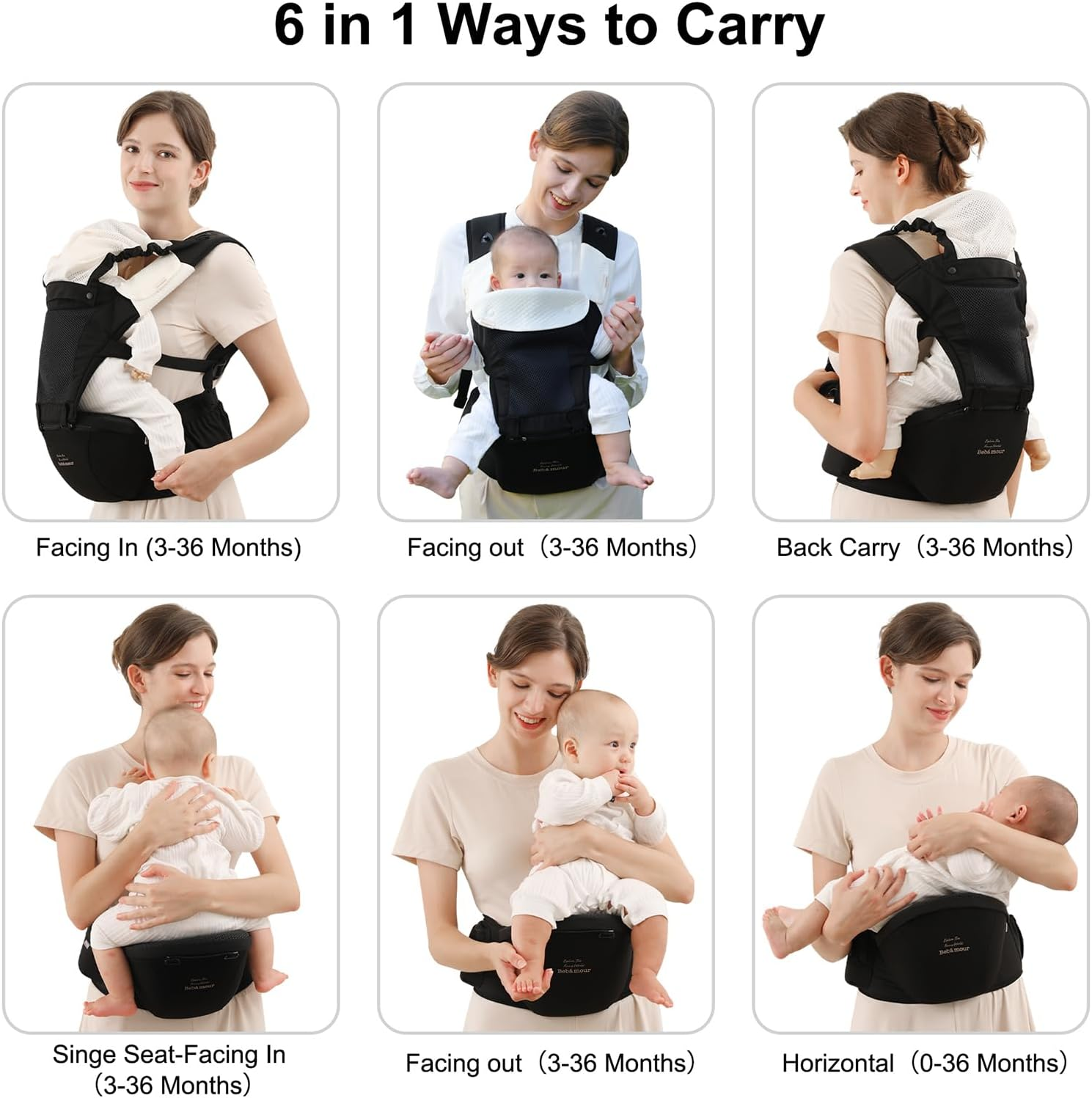 Bebamour Mesh Newborn Baby Carrier Front and Back Carry Baby Newborns to Toddler Baby Hip Carrier (New Khaki)