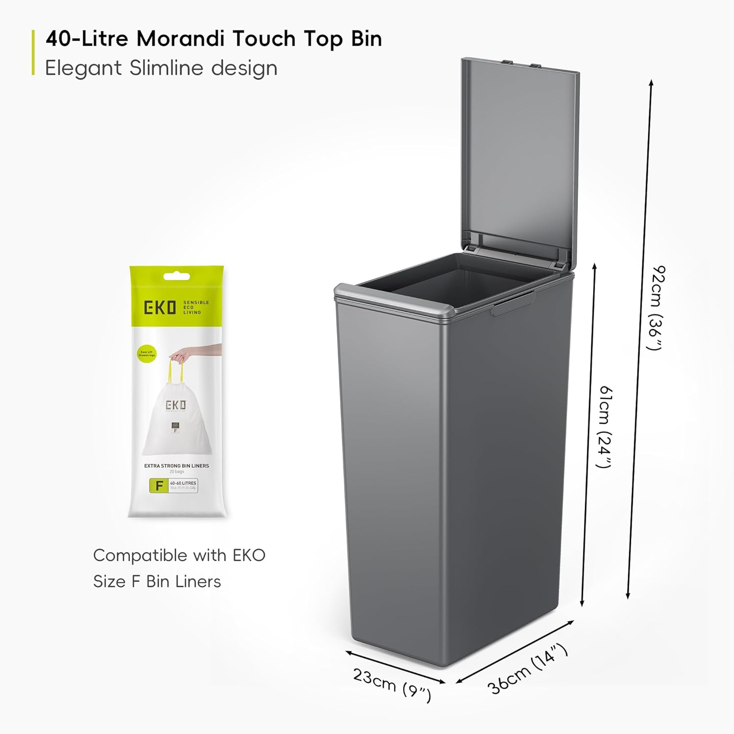 EKO - Morandi Kitchen Waste Bin - Plastic Touch Recycling Bin - Perfect for Kitchen and Home, Dark Grey, 40 Litres image number 1