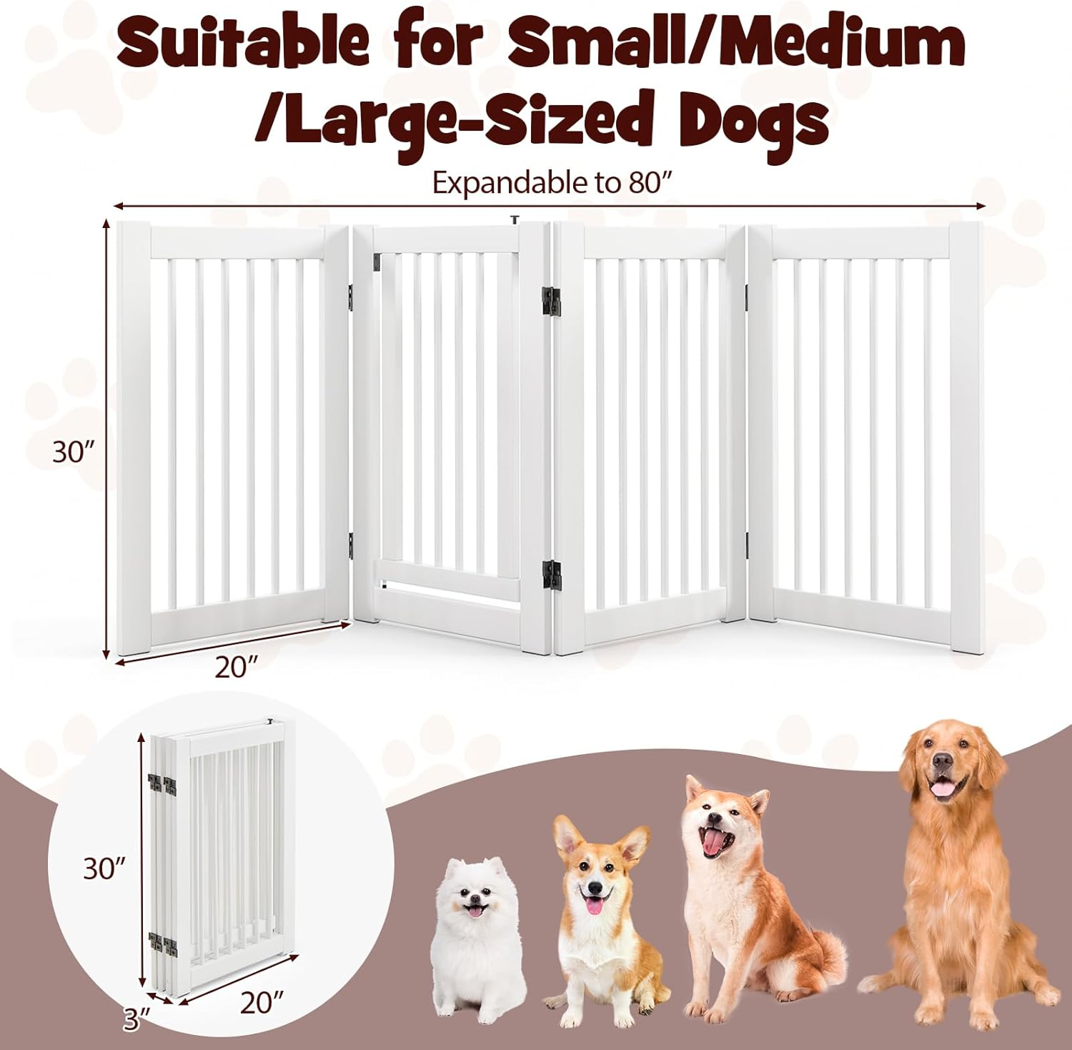 Giantex Dog Gate with Door - 30''H &times; 80''W Wooden Pet Gate with Walk through Door, Foldable Freestanding 4 Panels Pet Safety Fence Extra Wide for Doorway Stairs House Deck Yard, White image number 6