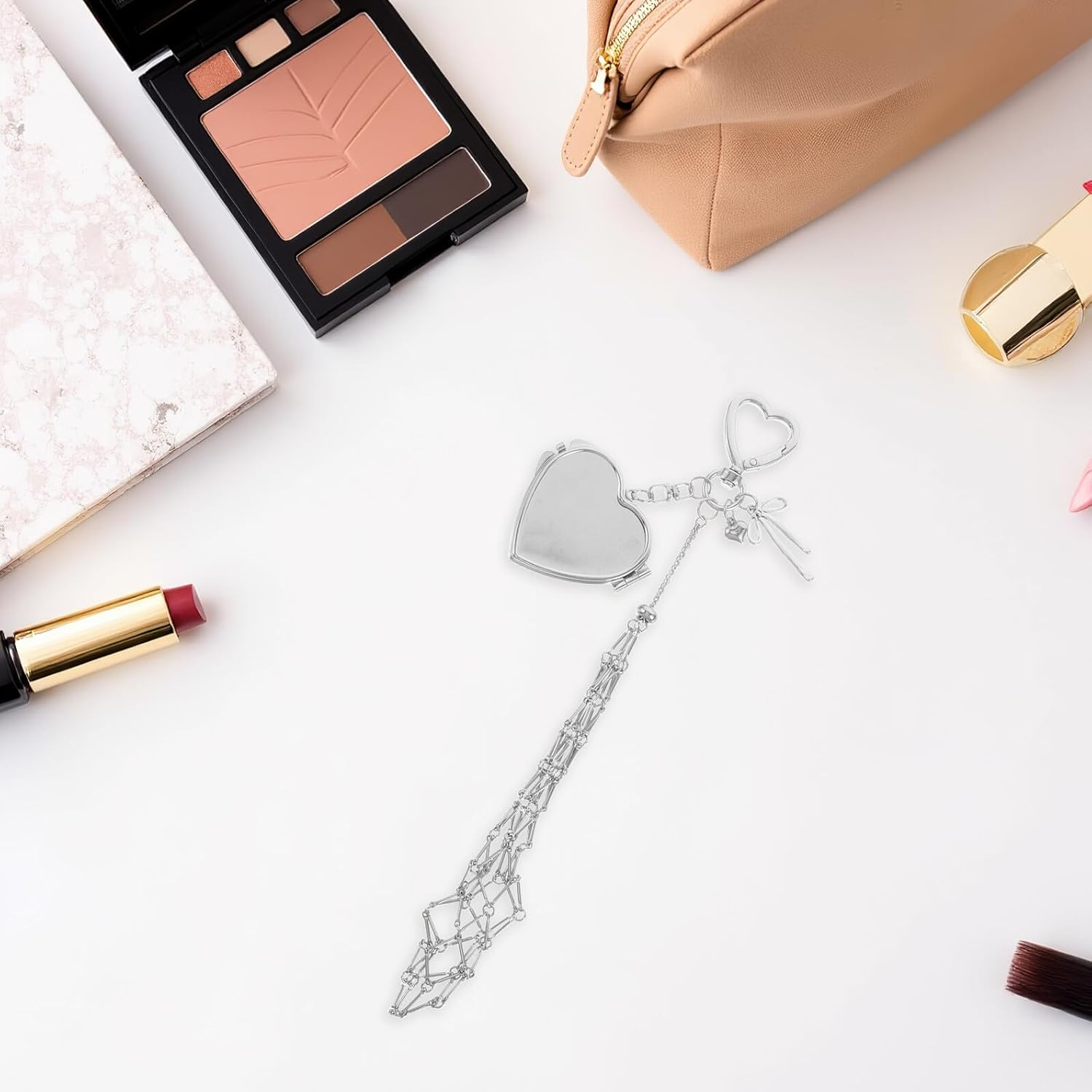 MERRYHAPY Stainless Steel Mesh Pocket Pendant Keychain Handbag Purse Lipstick Keyrings for Women Bag Keyrings Stylish Lip Balm Storage Women Bag Pendant Female Silver image number 2