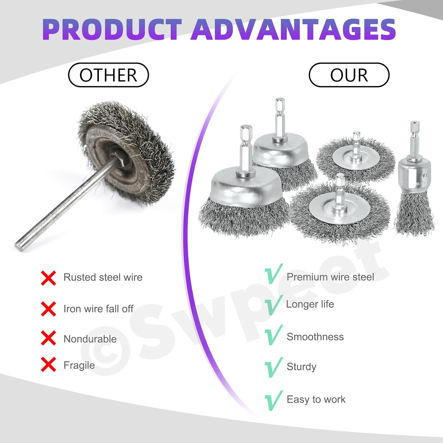 Swpeet 10Pcs Wire Brush Set, Including 5Pcs Wire Wheel Cup Brush, 3Pcs Stainless Steel/Brass/Nylon Bristles with Curved Handle Grip and 2Pcs Stainless & Carbon Steel Wire Brush for Deep Cleaning