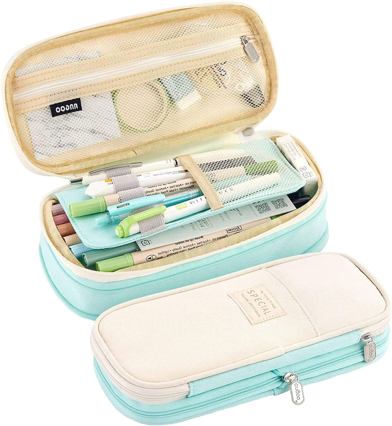 LHMTQVK Large Capacity Pencil Case Pencil Pouch Handheld Pen Bag, School Pencil Case for Teen Girl Boy Men Women Adult Christmas Gifts, Light Blue-Beige, Portable (01)