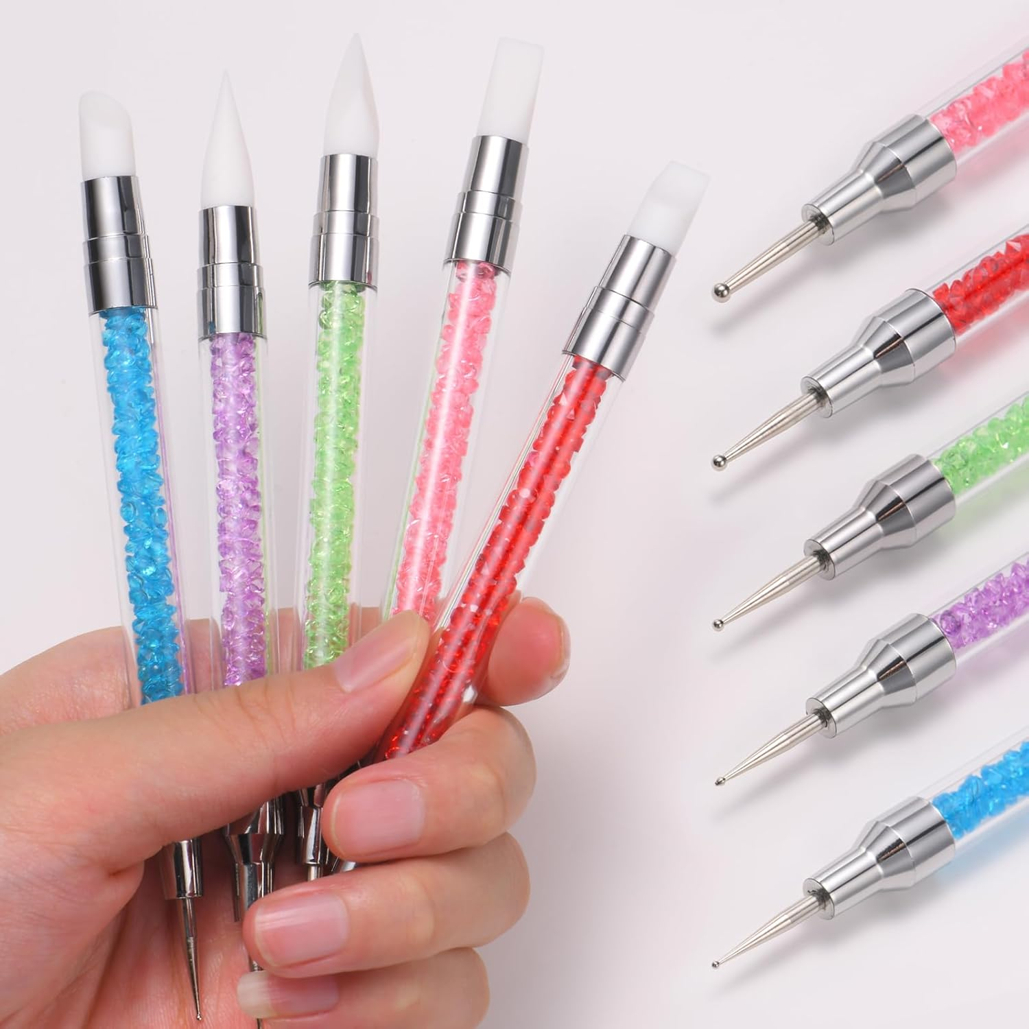 Nail Art Brushes and Tools Set&ndash; 15 Pcs Nail Art Brushes, 5 Pcs Dual-Ended Nail Dotting & Sculpture Pens, 2 Set Nail Holder for Painting Nails with Reusable Adhesive Putty, Nail File, Nail Design Tools