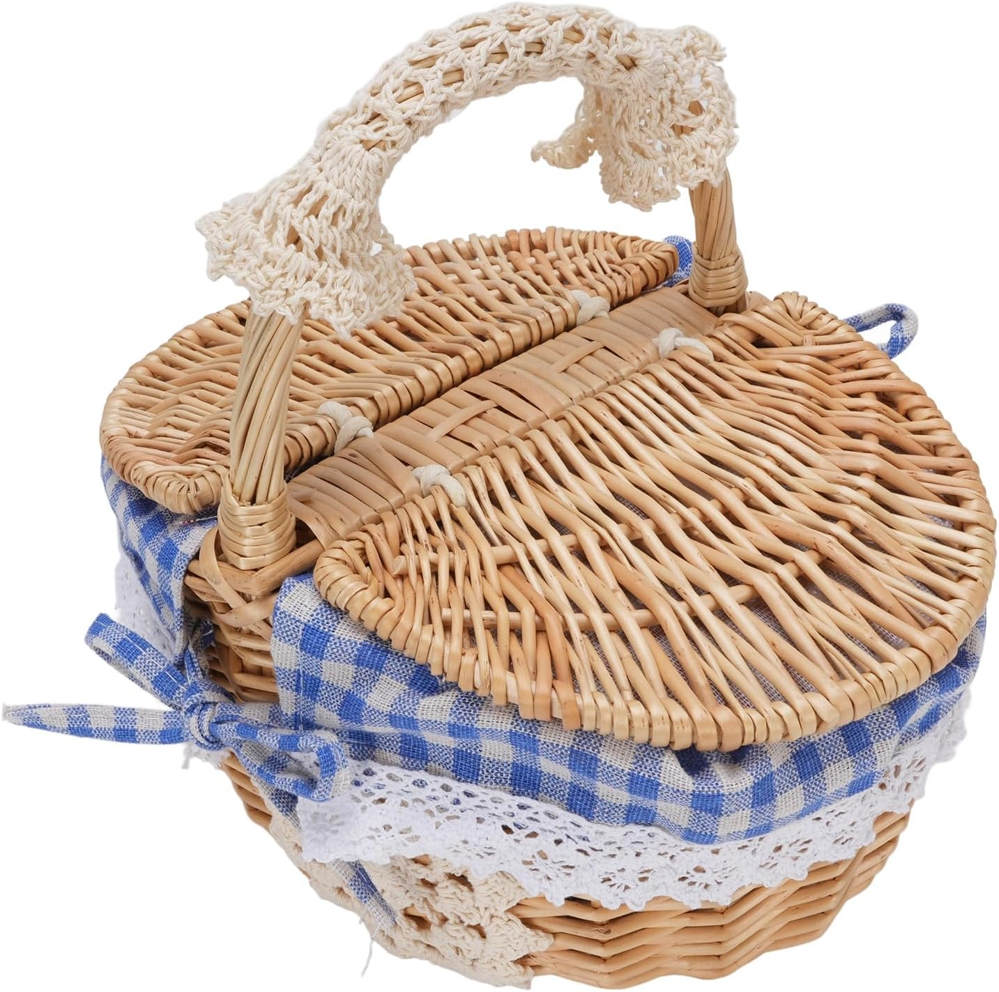 Wicker Picnic Basket with Removable Liner, Empty Picnic Hamper with Lid and Handle for Outdoor Camping, Wicker & Linen Cotton, 25.5X18X25Cm (Daisy)