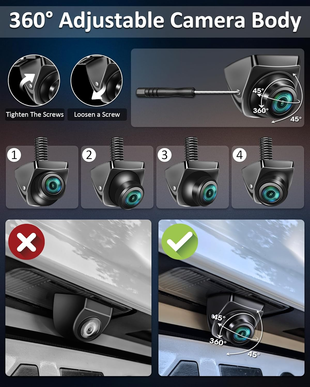 Vtopek Universal 1080P/720P/CVBS/PAL 360&deg; Rotatable Reverse Camera Front/Rear View Camera for Car Van SUV, 12-24V, 170&deg; Wide Angle, IP69K Waterproof image number 3