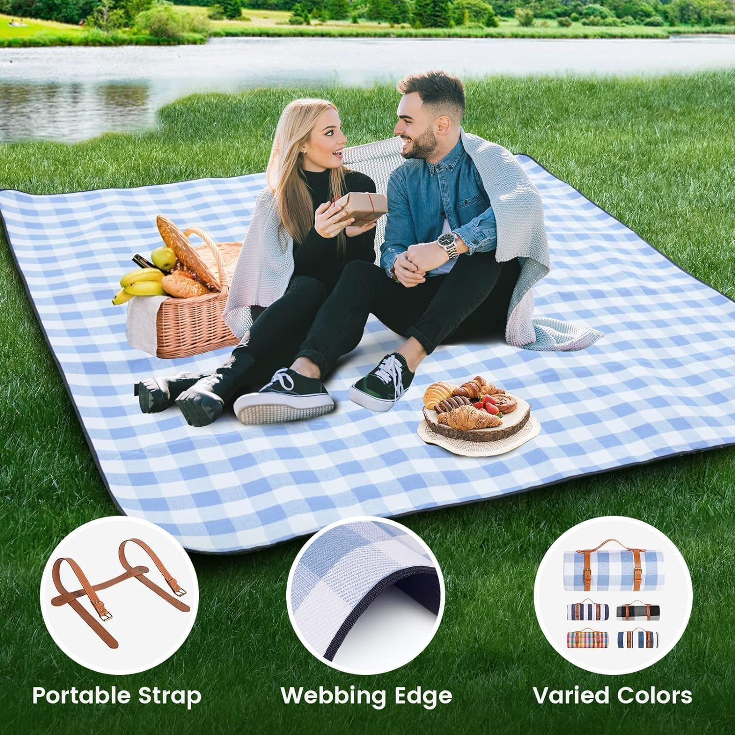 Picnic Blanket Extra Large, Waterproof and Foldable Beach Blanket, 3-Layer Outdoor Blanket for 6 to 8 Adults, for Camping, Park, Beach, Grass, Indoors (White & Blue Grids, 200&times;300Cm) image number 2