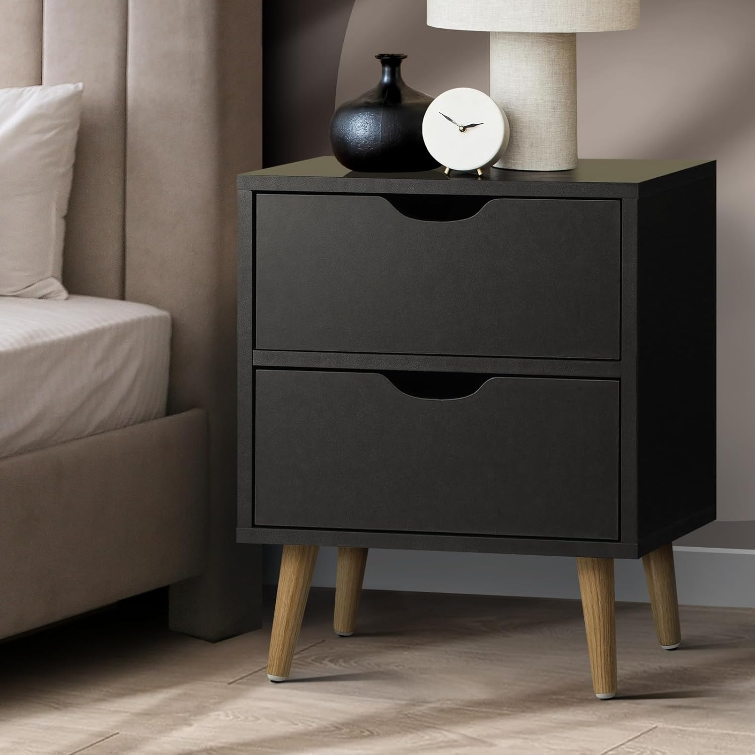 Oikiture Bedside Table with 2 Drawers, Wooden Side Table Nightstand Home Storage Furniture Black