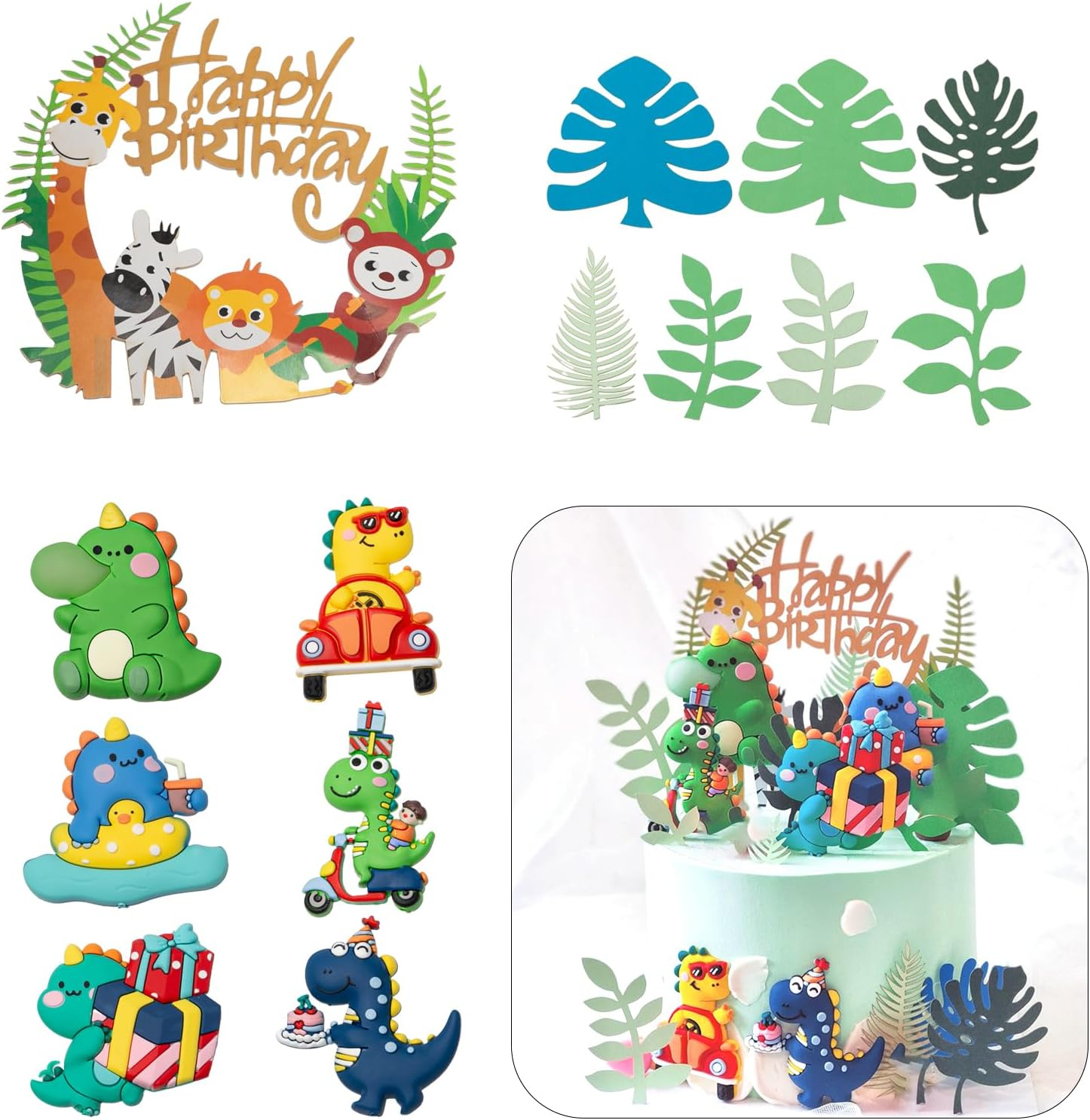 Sxutop 14 PCS Birthday Cake Cute Toppers Tropical Palm Leaves Cake Toppers Dinosaur Decoration with Gifts in Hand Cake Toppers Dinosaurier Theme Cake Supplies for Theme Birthday Baby Shower Party image number 4