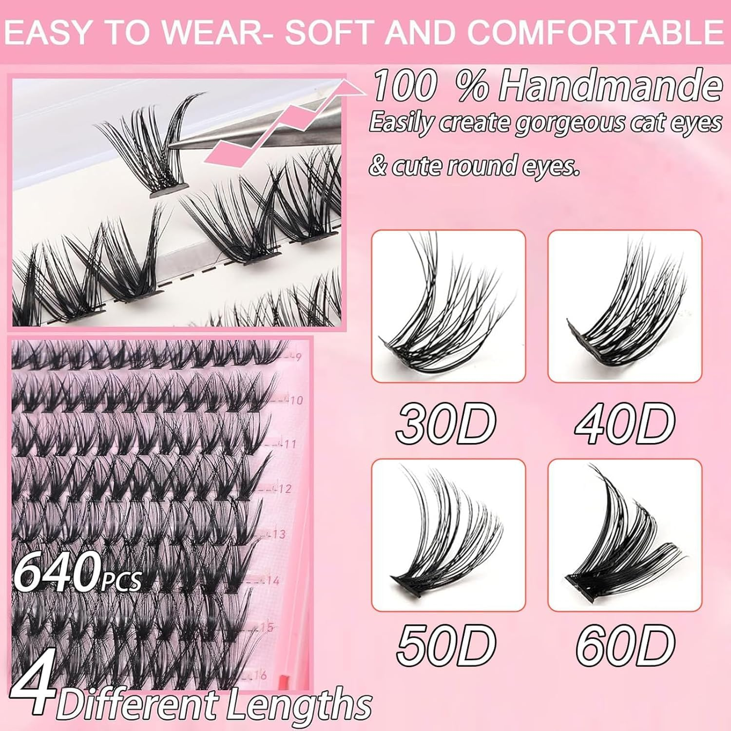 Lash Clusters Kit, 640 Pcs Eyelashes Clusters Extensions Kit 9-16Mm Individual Lashes D Curl Flufffy Wispy False Eyelashes Thin Band, with Bond Seal Tweezers Brush DIY (30D+40D+50D+60D Set 9-16Mm) image number 2