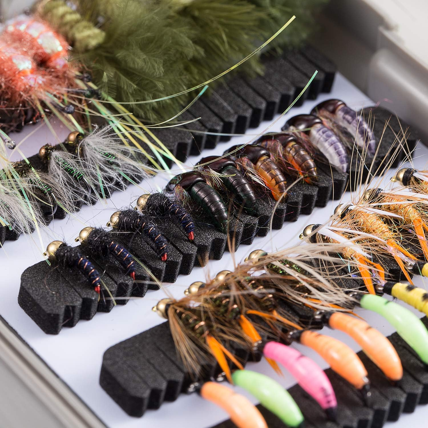 BASSDASH Fly Fishing Flies Kit Fly Assortment Trout Bass Fishing with Fly Box, 36/64/72/76/80/96Pcs with Dry/Wet Flies, Nymphs, Streamers, Popper - 57 Pcs Assorted Steelhead/Salmon/Trout Flies image number 2