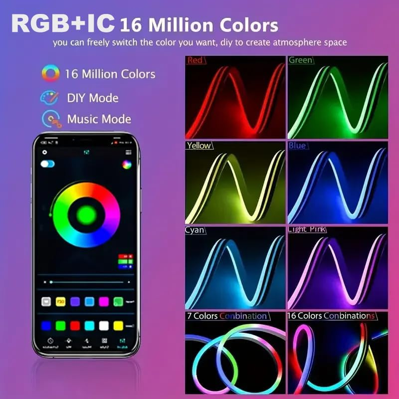 Uantii RGBIC Neon Rope Lights,5V USB Bluetooth App Control,Timing Music Sync Color Changing Waterproof Bendable Neon Light Strip for Bedroom and Home Decration (2M) image number 3