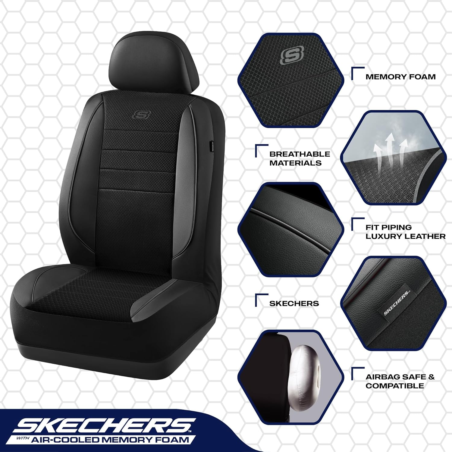 Skechers Air-Cooled Memory Foam Seat Covers,Mesh Thick Car Seat Covers,Piping Leather Car Seat Covers Front Seats,Airbag Compatible,Automotive Comfort Universal Fitmost Cars,Vans,Truck,Suv,Black image number 5