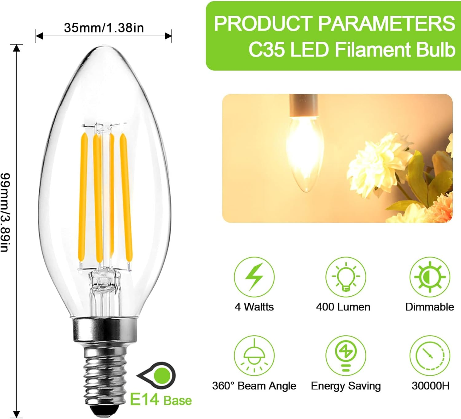 ROMANJOY 4W LED Candle Bulbs, 2700K Warm White Dimmable E14 LED Bulb, 40W Equivalent Small Edison Bulb, C35 LED Filament Bulb for Chandelier Ceiling Fan Lights, 5 Pack image number 5