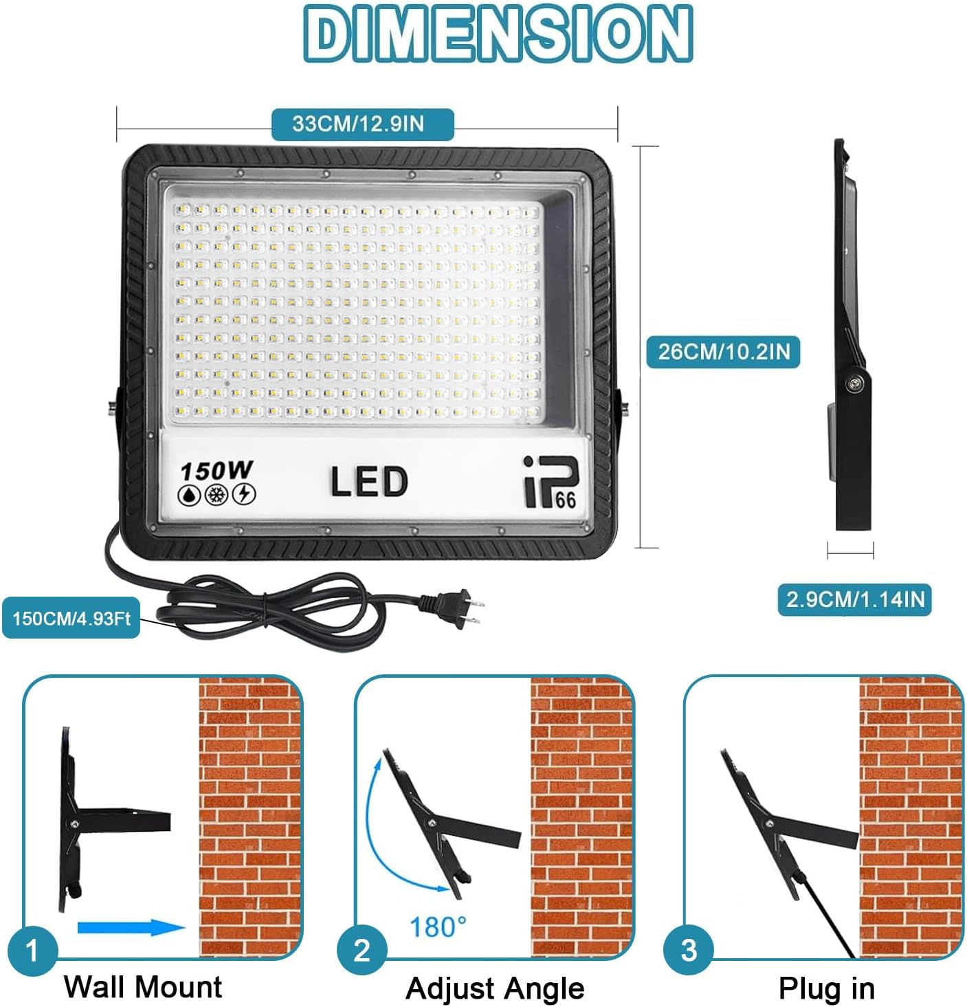 LED Flood Lights Outdoor, 2 Pack 150W 15000LM Bright Floodlight outside Work Light with Plug, IP66 Waterproof 6500K Outdoor LED Flood Light for Garage, Yard, Lawn, Garden