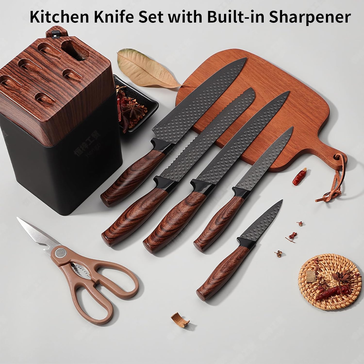 Knife Set, 7 PCS Stainless Steel Kitchen Knife Block Set with Built in Knife Sharpener, Black Non Stick Coated Knife, No Rust and Sharp Knife,Best Giftdark Brown Handle image number 3