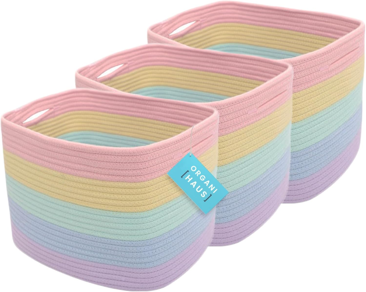 Organihaus Set of 3 Cute Rainbow Storage Basket for Toys & Cloths | Cotton Rope Basket for Decor | Shoe Basket Organizers & Storage | Decorative Storage Baskets & Bins | Woven Baskets for Storage image number 6