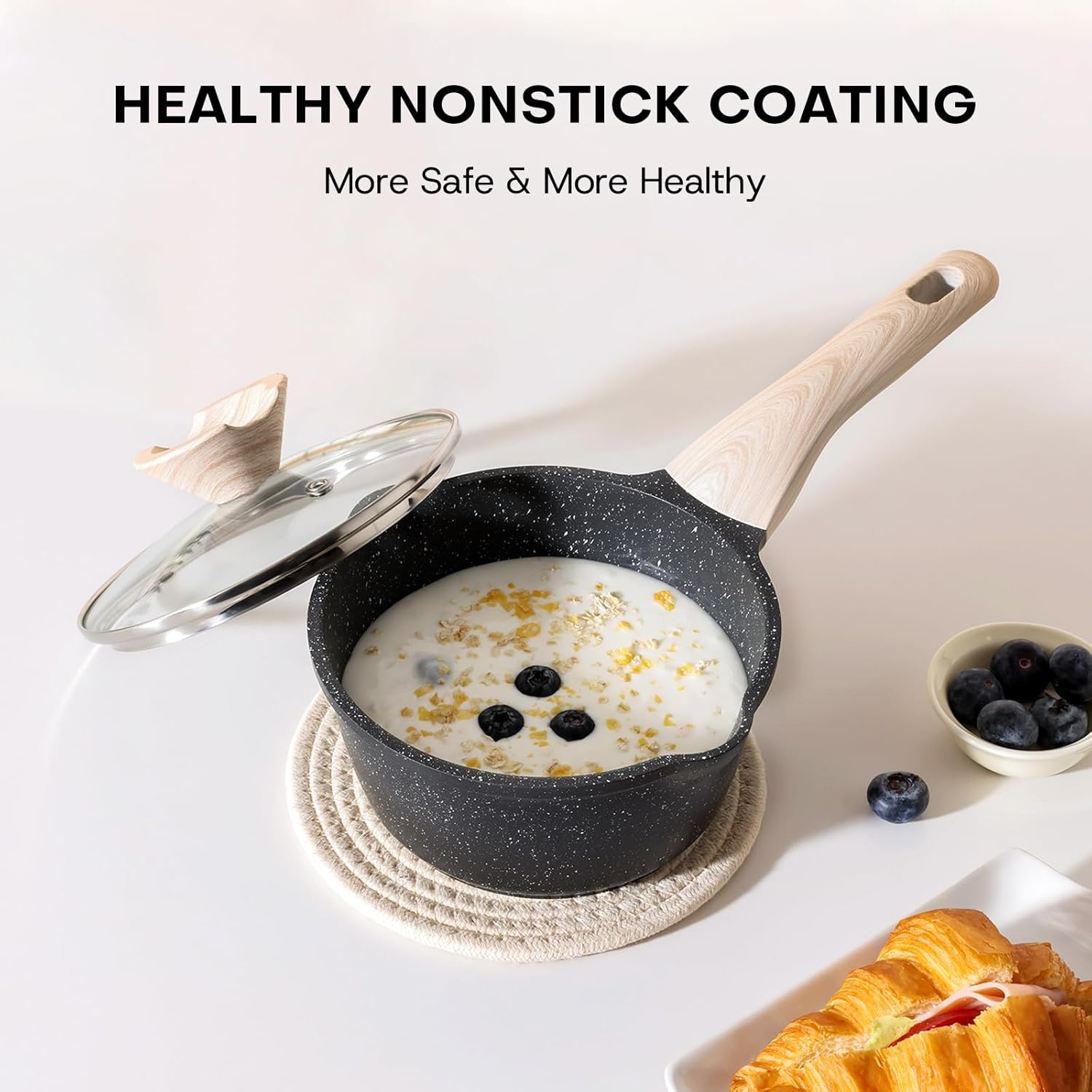 Kordisen Sauce Pan Set with Lid, 1.5Qt & 2.5 Qt Nonstick Cooking Pots with Pour Spout, Easy to Clean, Small Kitchen Induction Saucepan with Granite Coating, PFOA/PFOS Free (Black) image number 5