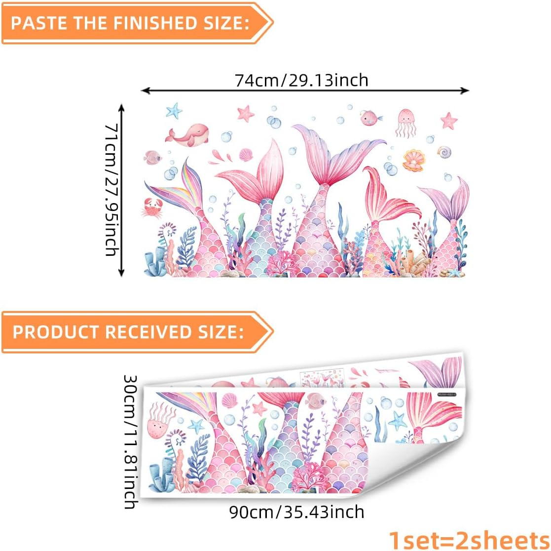 Mermaid Tail Wall Stickers under the Sea Mermaid Bubble Seaweed Peel and Stick Wall Art Decals for Girls Bedroom Bathroom (30 * 90Cm*2Pcs) image number 2