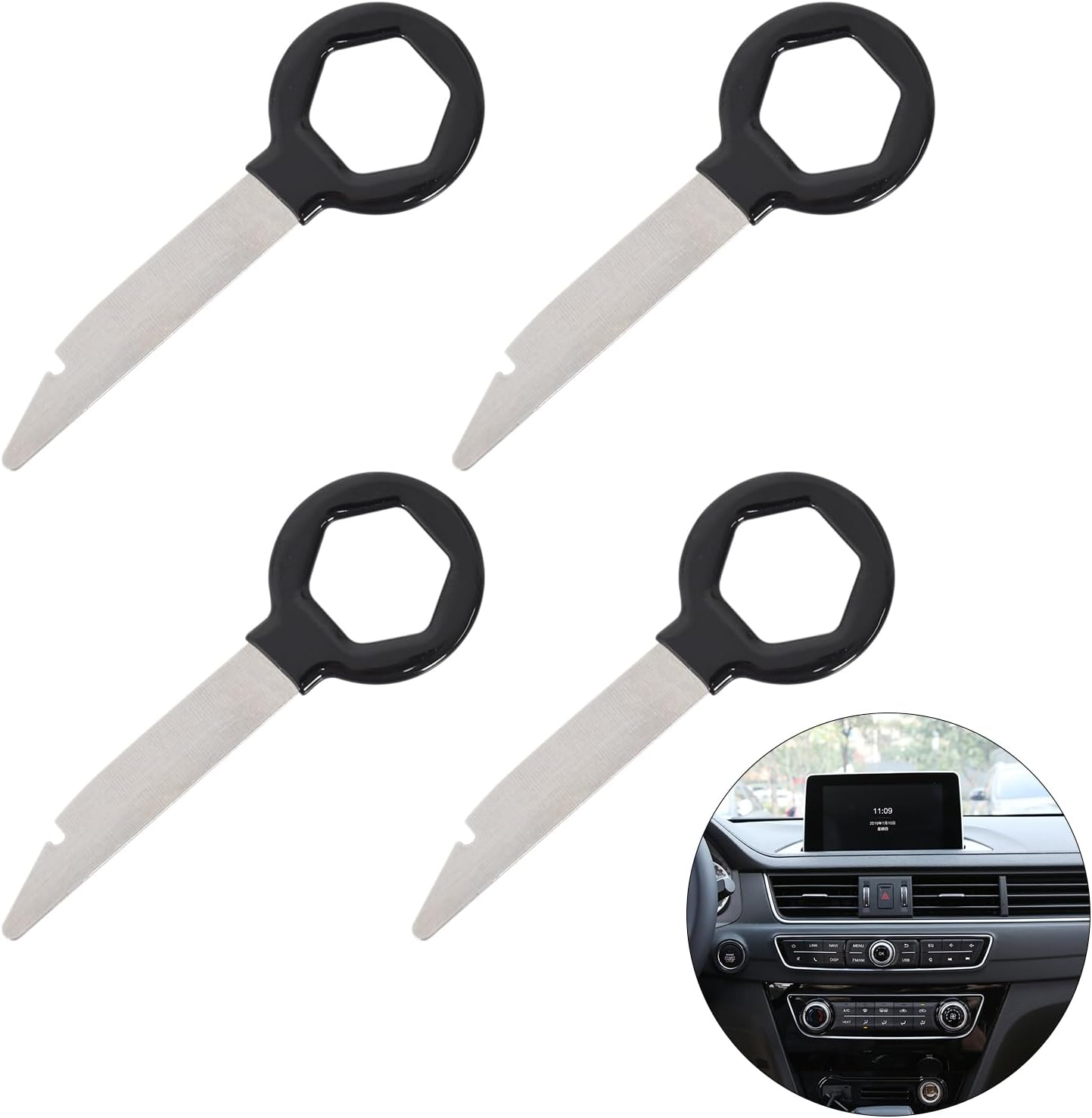 Radio Removal Tool 4 Pieces Key Din Release Key Set, Stainless Steel Car Cd Dvd Host Key Removal Tool, Easy to Hold, for Audi Mercedes Volkwagen Vw Ford Car Stereo Radio Key image number 1