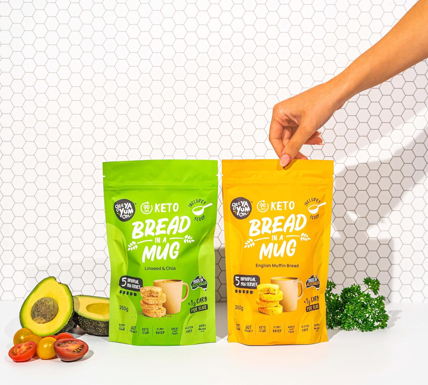 Get Ya Yum on 90-Second Bread in a Mug Mix English Muffin VALUE PACK - 5 X Mug Mix: No Sugar Added, Gluten Free, Low Carb (Keto Friendly) Gut Friendly, Vegan Friendly, <1G Carb per Serve, Plant-Based, 250G image number 4