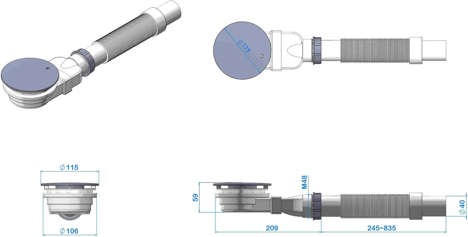 IMPTS Shower Drain Fitting, 90 Mm, Extra Flat Drain Hole Set for Shower Tray, Siphon with Odour Stop, Hair Strainer, Flex Hose, Chrome Cover image number 3