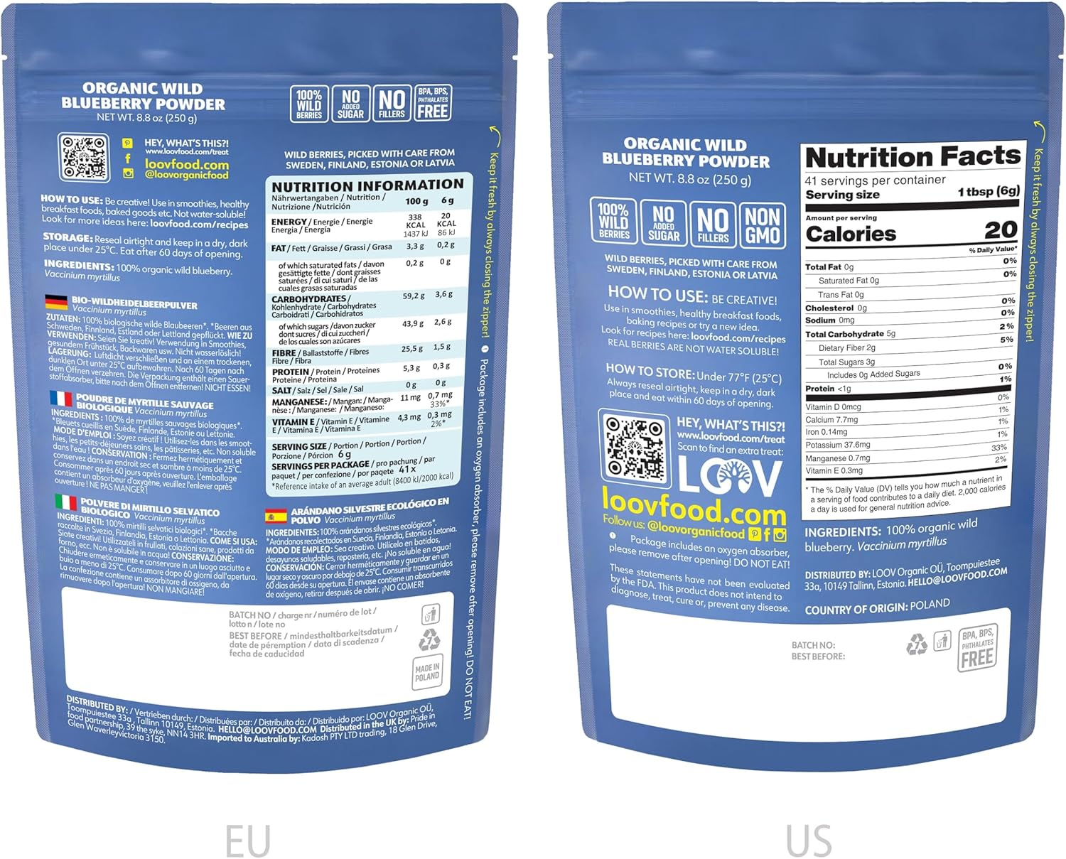 LOOV Organic Wild Blueberry Powder, Wild-Crafted from Nordic Forests, 100% Whole Fruit Bilberry, 52-Day Supply, 250 Grams, Freeze-Dried and Powdered Blueberries, No Added Sugar image number 2
