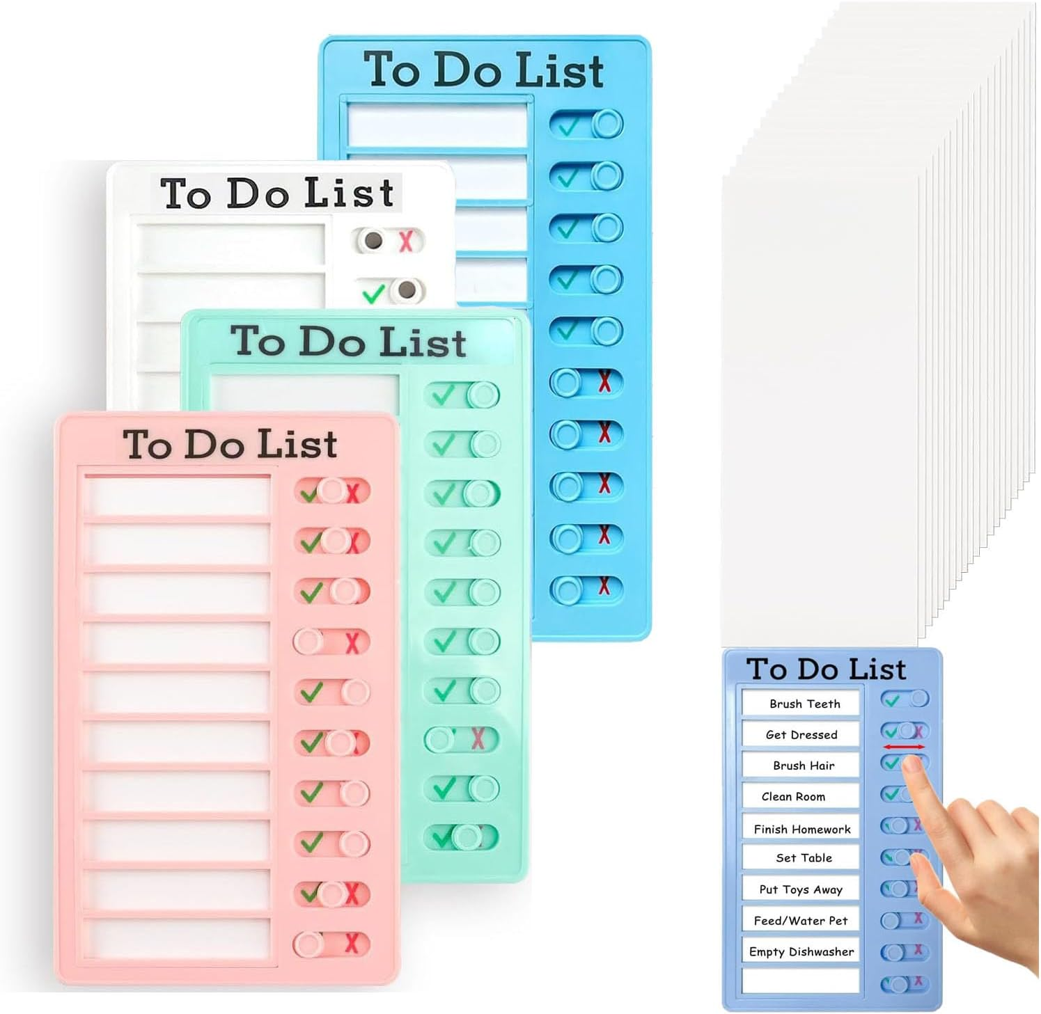 4 Pieces Blank to Do List Reusable,Family to Do List Chores Chart Board with 20 Detachable Cardstock,Sliding Chore Chart, Daily Schedule Planner Board for Home Office（White, Blue, Green, Pink） image number 6