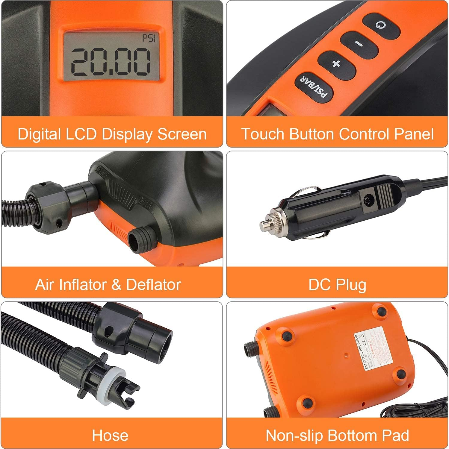 Electric Air Pump SUP 20PSI High Pressure Air Pump Quick-Fill Inflator Paddle Board Pump 12V DC Car Connector Dual Stage Inflation Paddle Board Pump for Inflatable Stand up Paddle Boards, Kayak, Boats image number 1