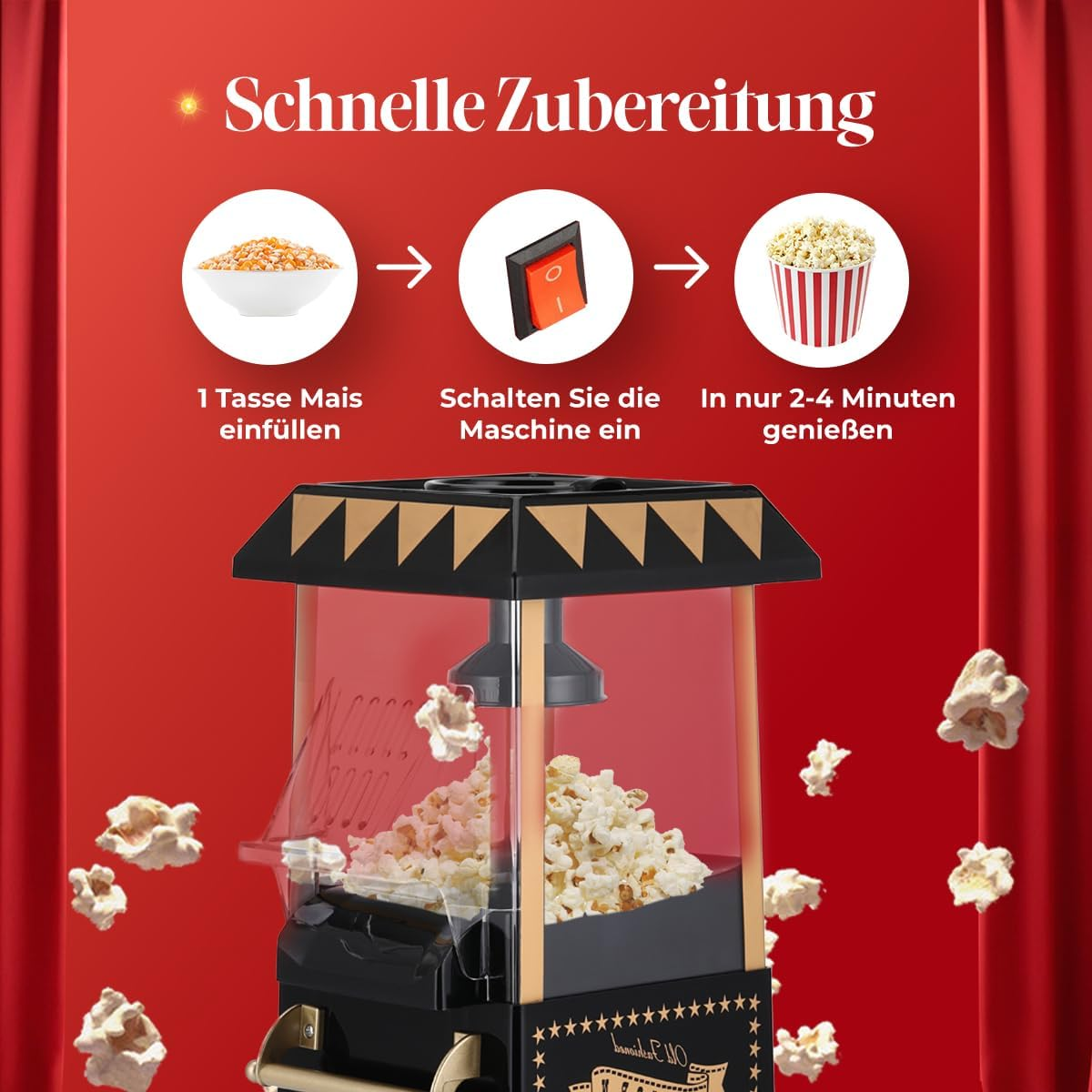 NK Popcorn Machine Retro Electric Popcorn Machine 1200W Easy to Use Button Preparation in 2 Minutes Hot Air 0.3L Portable Ideal for Home Black image number 1
