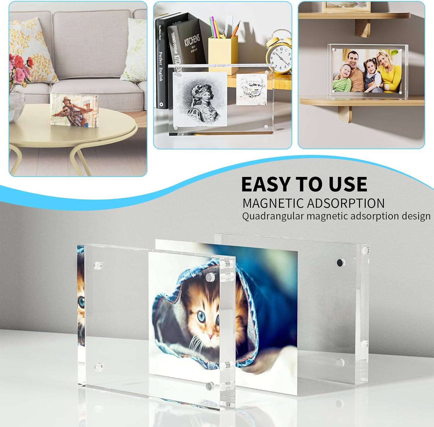 3 Pack Picture Frames, 4X6 Inch Acrylic Frame, Self Standing Block Display Photo Frame, Horizontal Magnet Double Sided Picture Frame, Thick Desktop Frameless Magnetic Photo Frame (10X15Cm, 10+10MM) image number 2