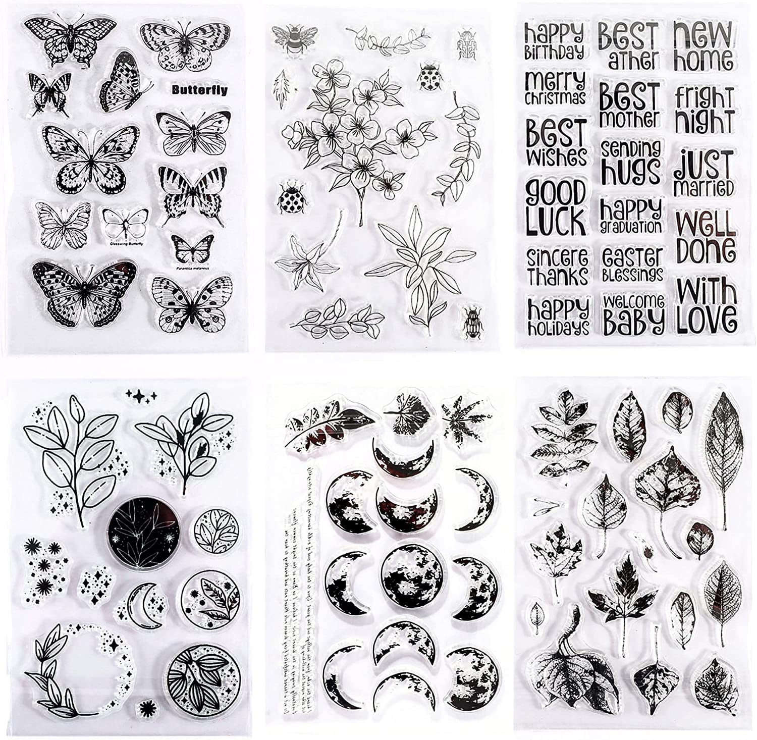 Muulaii 6 Sheets Clear Stamp Silicone Stamp Cards with Greeting Words, Flowers, Leaves, Butterflies, and Moons Pattern for Thanksgiving Christmas Holiday Card Making and DIY Scrapbooking Journaling
