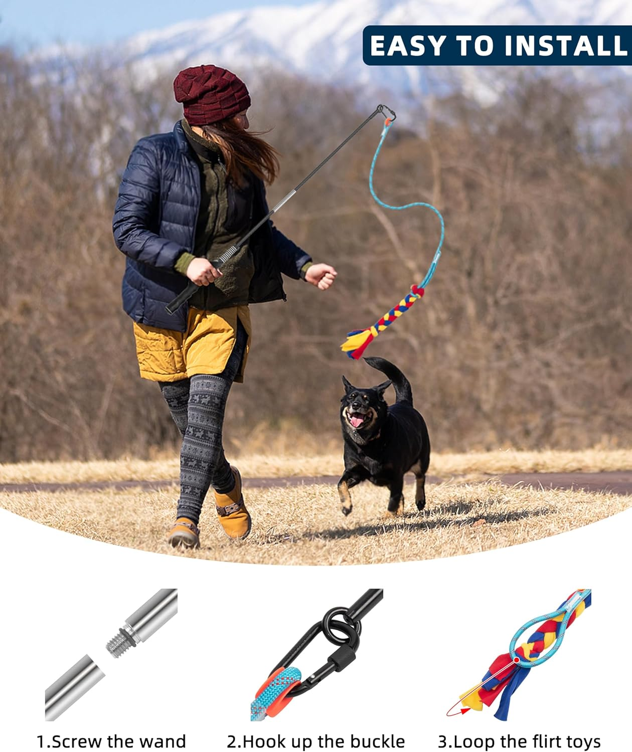 Ycozy Flirt Pole for Dogs Chase & Tug of War Interactive Dog Teaser Wand Toys Outdoor Exercise & Training with 2 Replacement Toys for Small Medium Large Dogs - Pole 83Cm image number 1