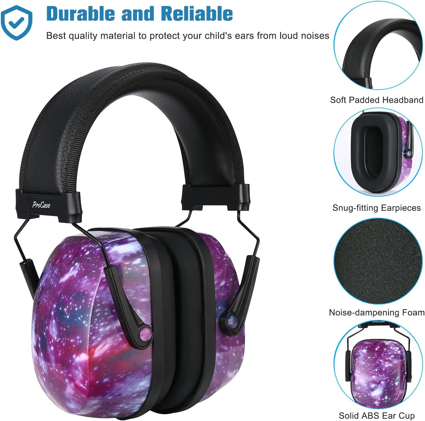 Procase Kids Ear Protection, SNR 29 Db Noise Cancelling Headphones for Autism Children Toddler, Sound Proof Noise Reduction Earmuffs for Fireworks, Flight, Concert -Starry Purple - Black image number 6