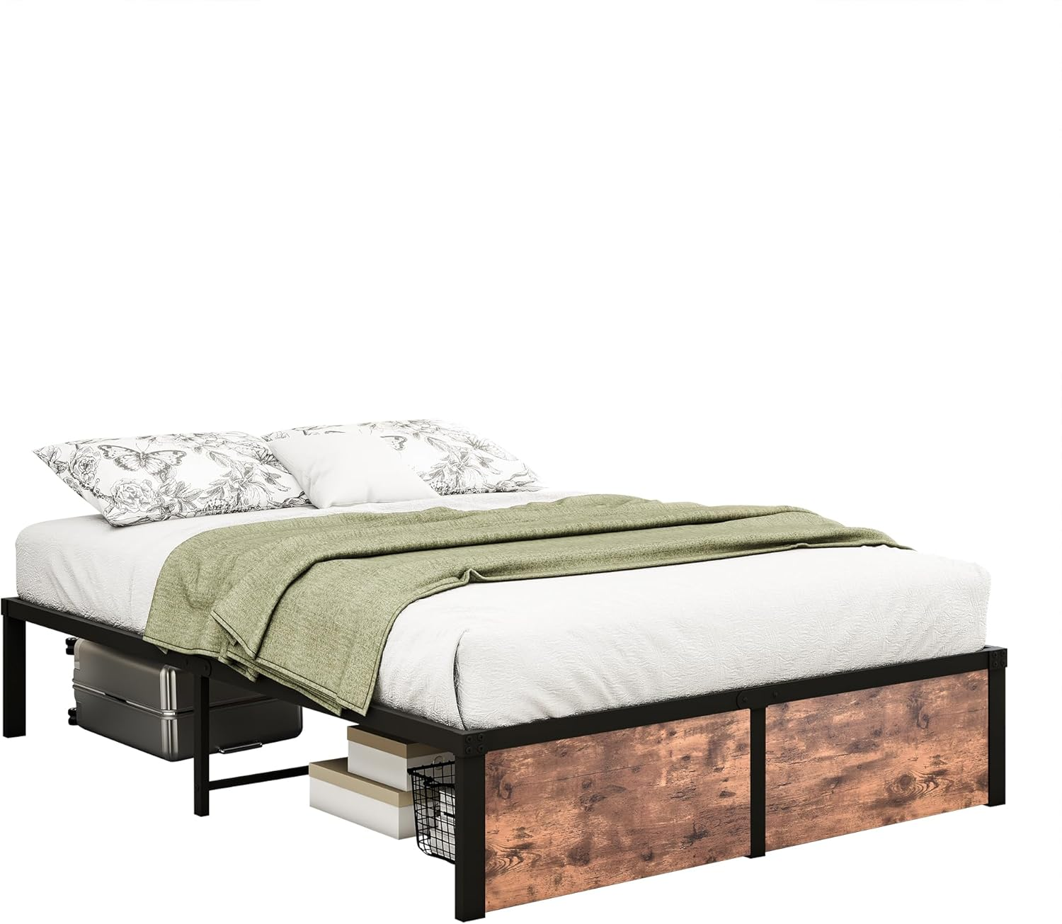 VERFARM Queen Size Bed Frames with Vintage Wood Footboard, Heavy Duty Metal Platform Bed Frame Queen, No Box Spring Needed, Easy Assembly, Rustic Brown image number 2