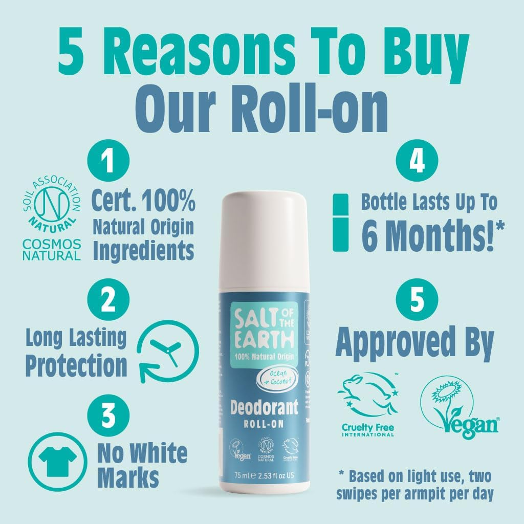 Salt of the Earth Natural Roll-On Deodorant, Odourless, Fragrance-Free, Vegan, Long-Lasting Protection, No Animal Testing image number 6
