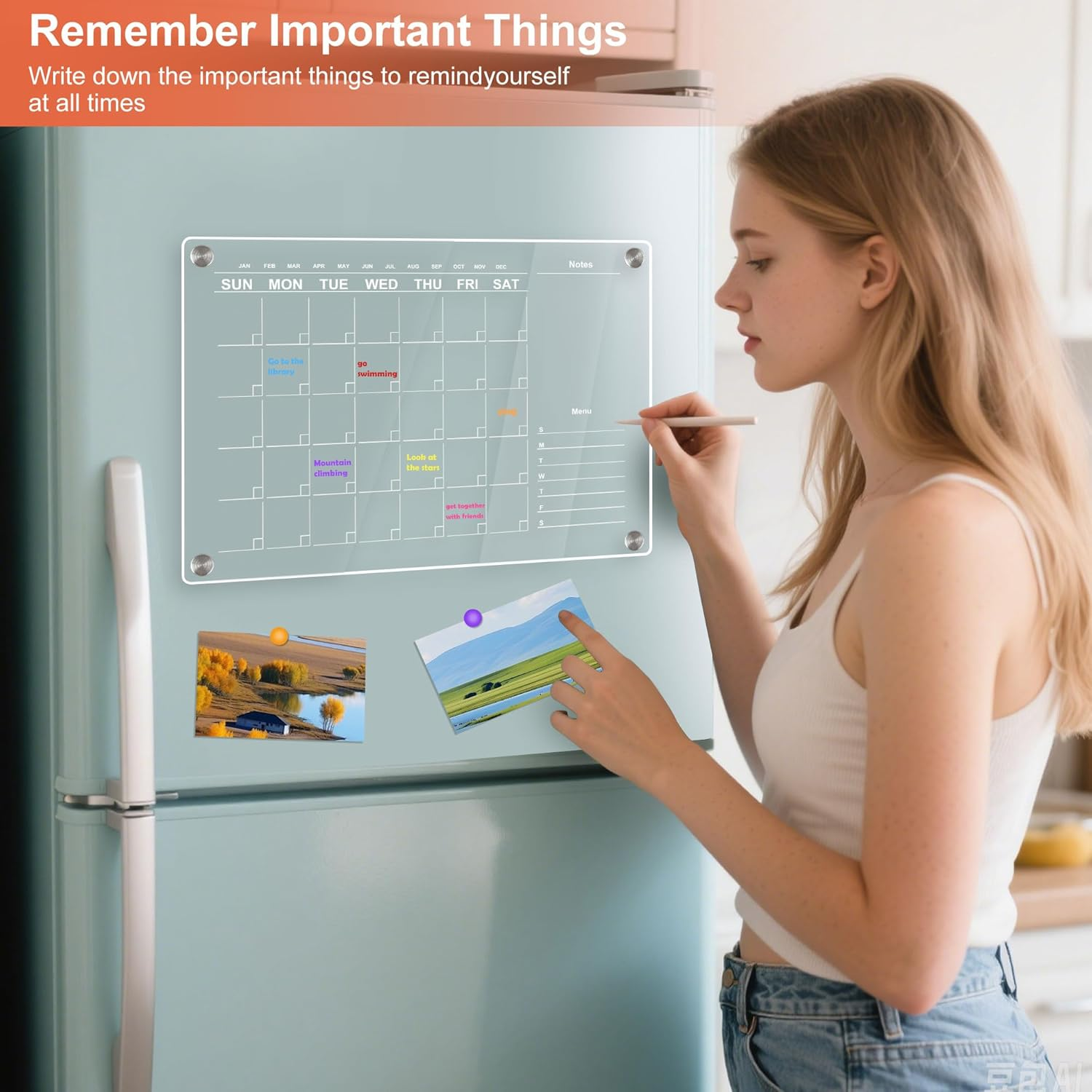 TECDW 1-Pack Magnetic Fridge Calendar 30X24Cm,Acrylic Calendar Monthly Planner with 6 Wet Erase Markers,Magnetic Fridge Planner for Home,Office,Kitchen image number 5