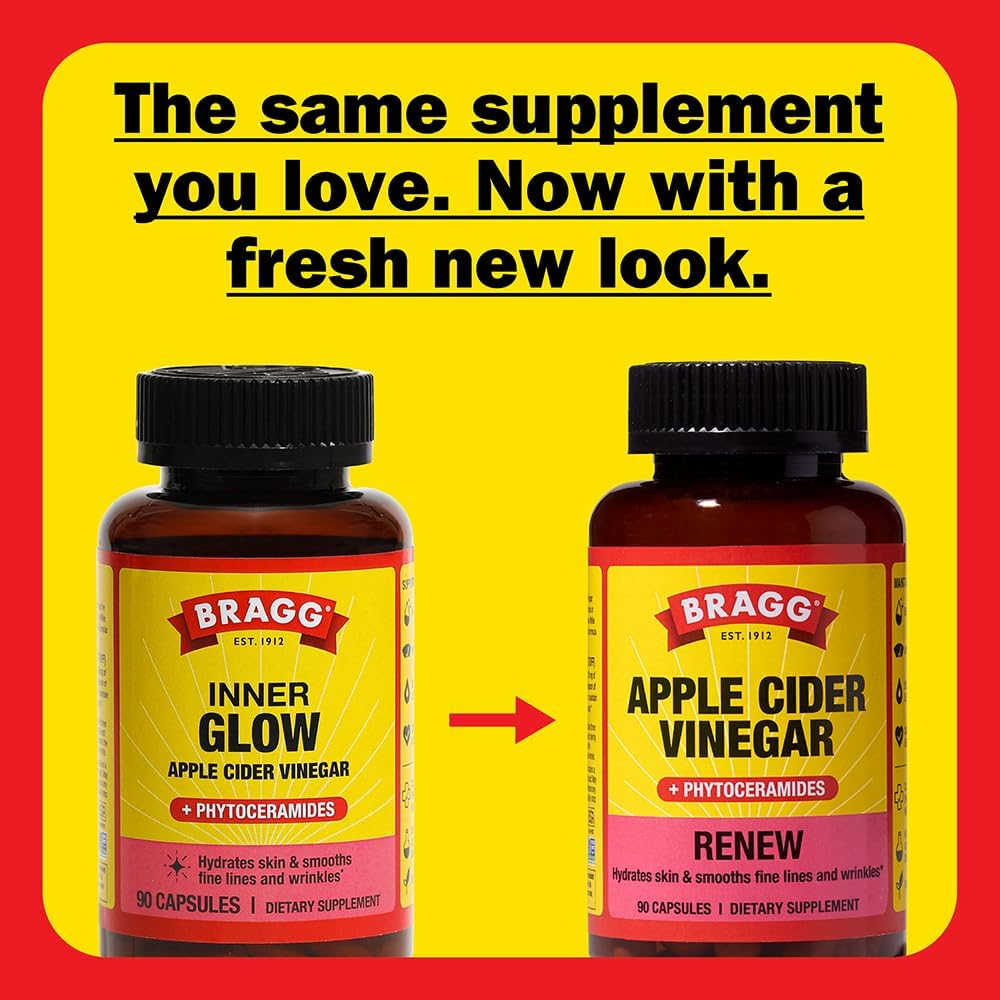 Bragg Inner Glow Apple Cider Vinegar and Phytoceramide Capsules - 750Mg of Acetic Acid &ndash; Energy & Weight Management Support - Promotes Skin Hydration and Rejuvenation - (90 Pills)