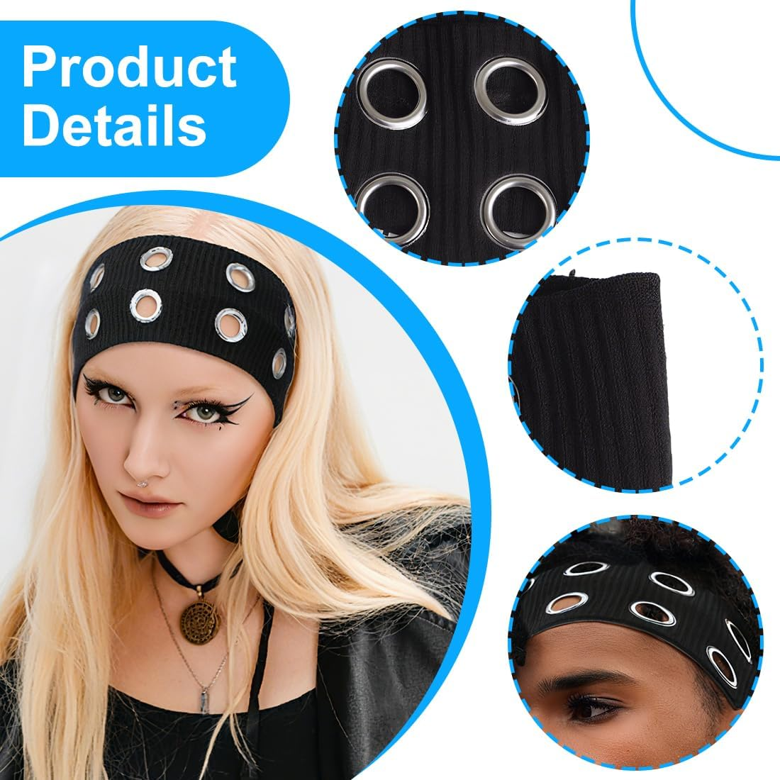 GXGM Pack of 2 Women'S Hollow Eyelets Elastic Headband, Girls Punk Wide Hair Bands, Wire Hair Bands, Ring Headband, Stretchable, Women'S Gift (Black + Wine Red) image number 6