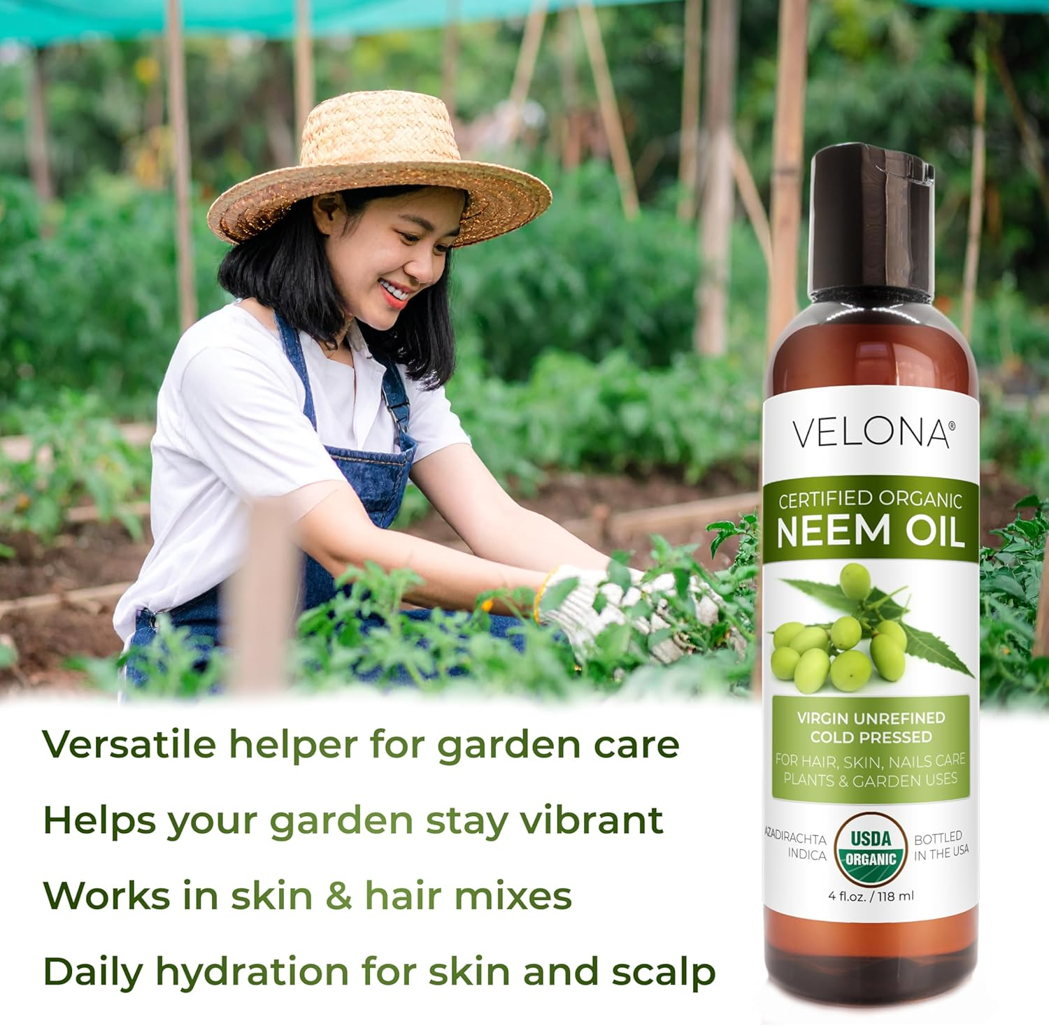 Velona Neem Oil USDA Certified Organic - 4 Oz | 100% Pure and Natural Carrier Oil | Virgin, Unrefined, Cold Pressed | Hair, Body and Skin Care | Use Today - Enjoy Results
