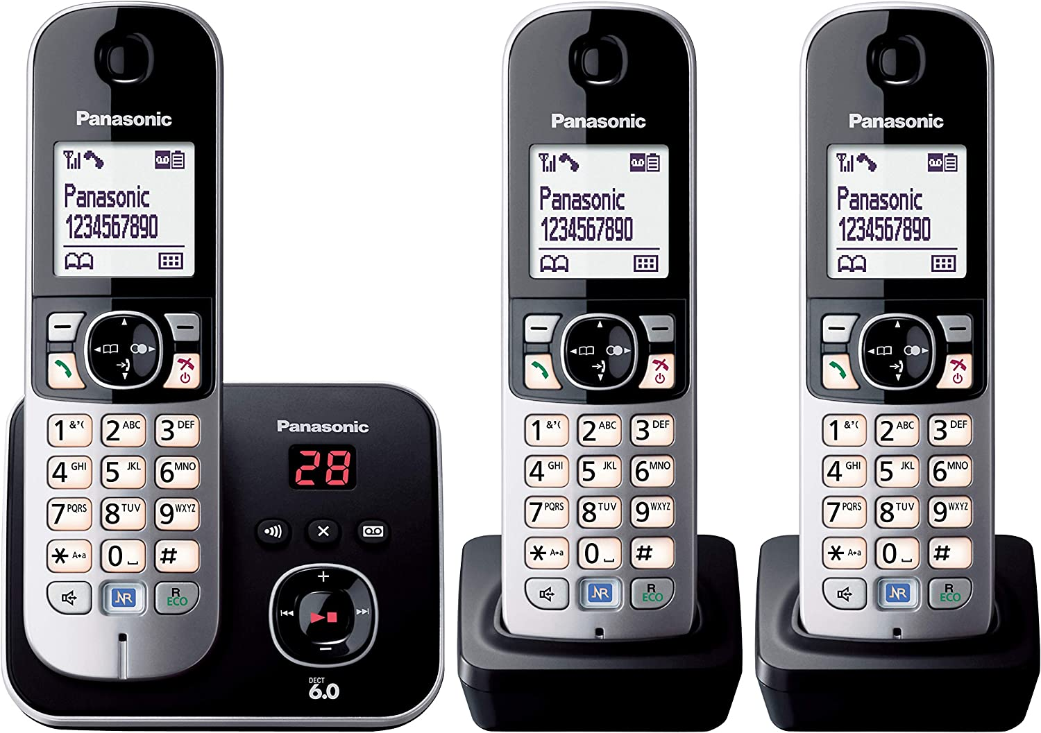Panasonic DECT Digital Cordless Phone with Built-In Answering Machine and 3 Handsets (KX-TG6823ALB) Black & Silver
