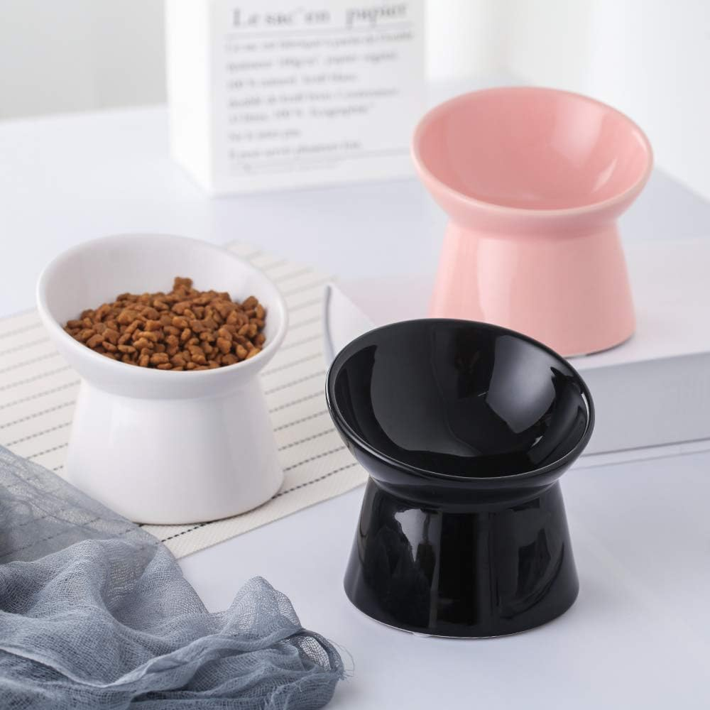 Black Small Ceramic Raised Cat Bowls, Tilted Elevated Food or Water Bowls, Stress Free, Backflow Prevention, Dishwasher and Microwave Safe, Lead & Cadmium Free - Black-Small-Food Bowl image number 5