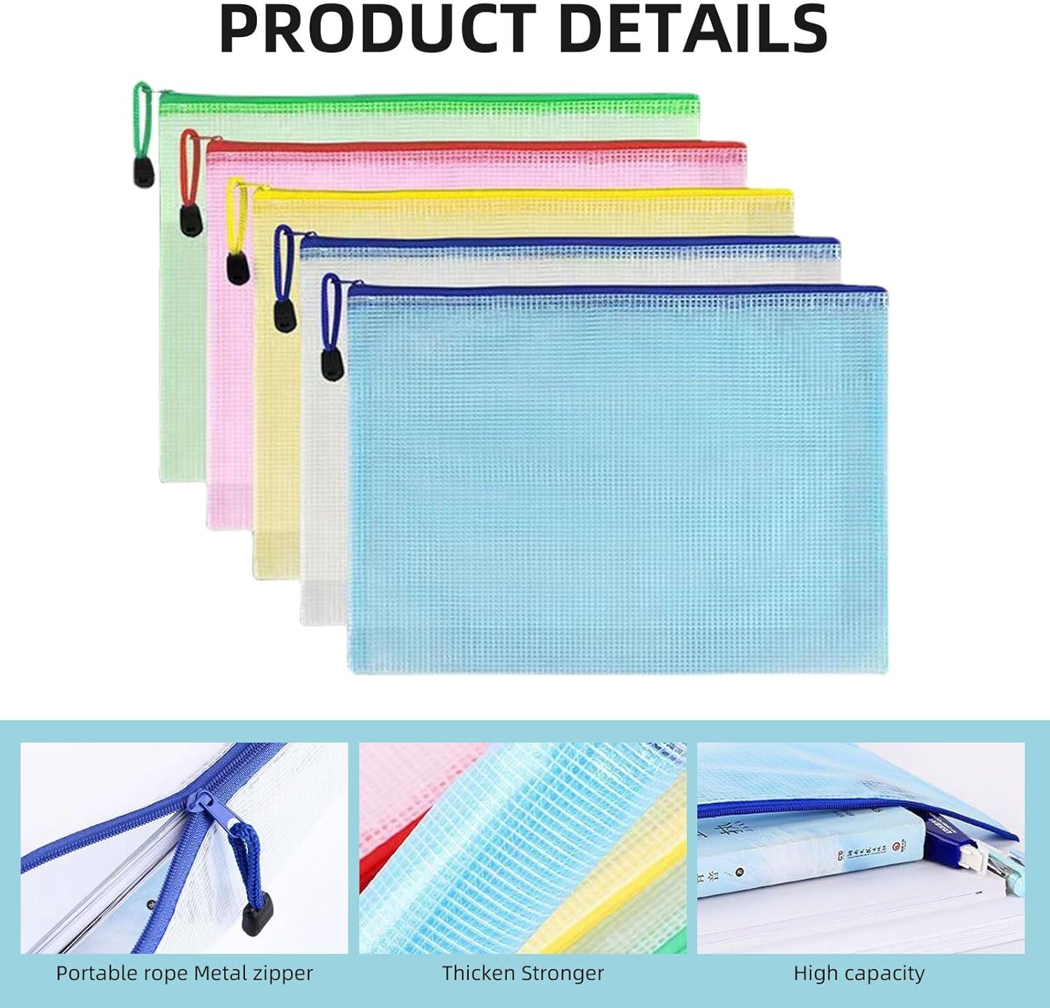 30 Mesh Zipper Bags, 3 Sizes, 5 Colors, Waterproof Plastic Zipper Bags for Office, School, Game File Storage