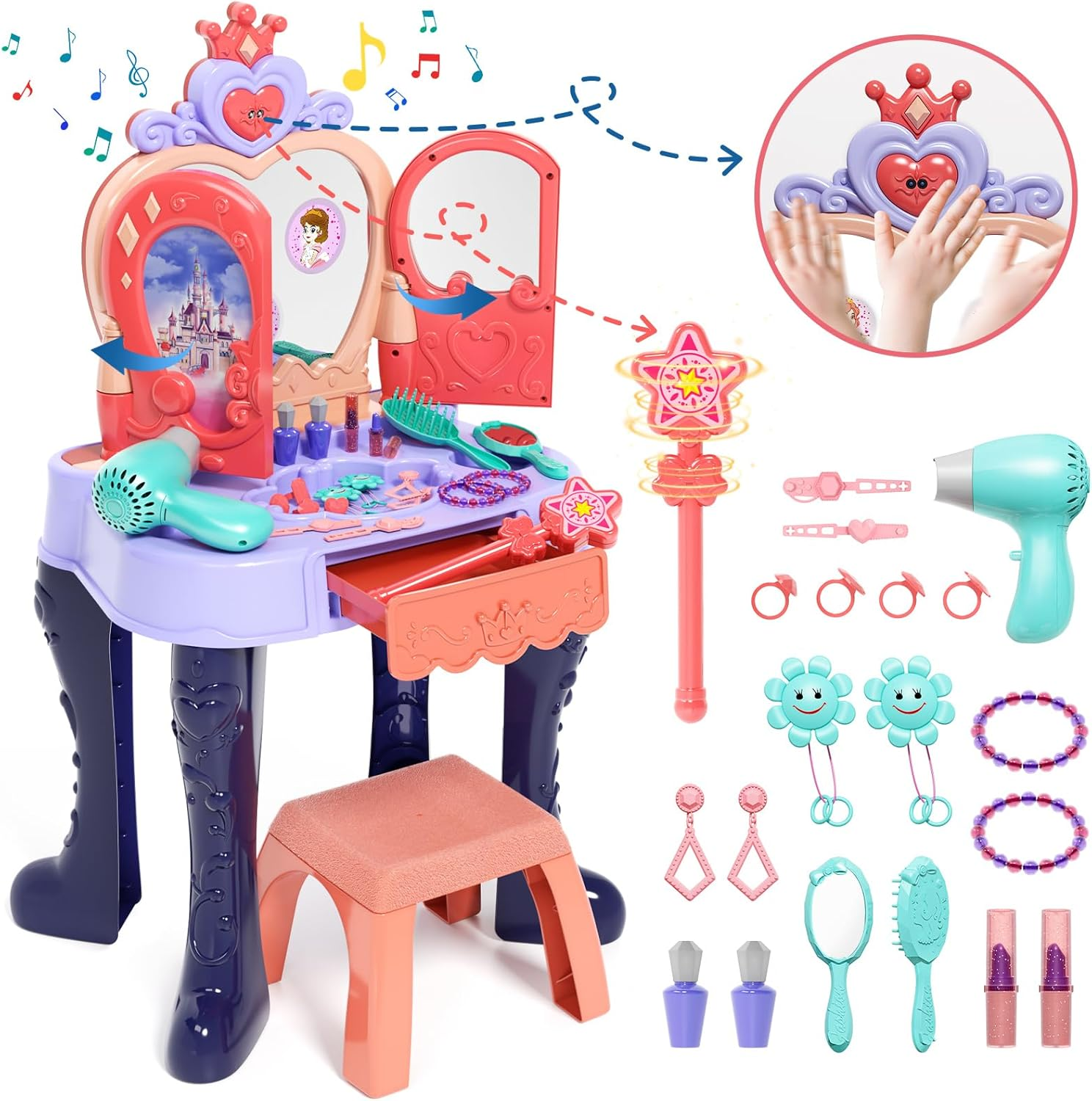 Kids Vanity Makeup Table with Mirror and Chair, Toddler Kids Makeup Vanity Table Set with Lights and Sound of Music, Toddler Vanity Girl Toys Set Includes Blowdryer and Makeup Kit