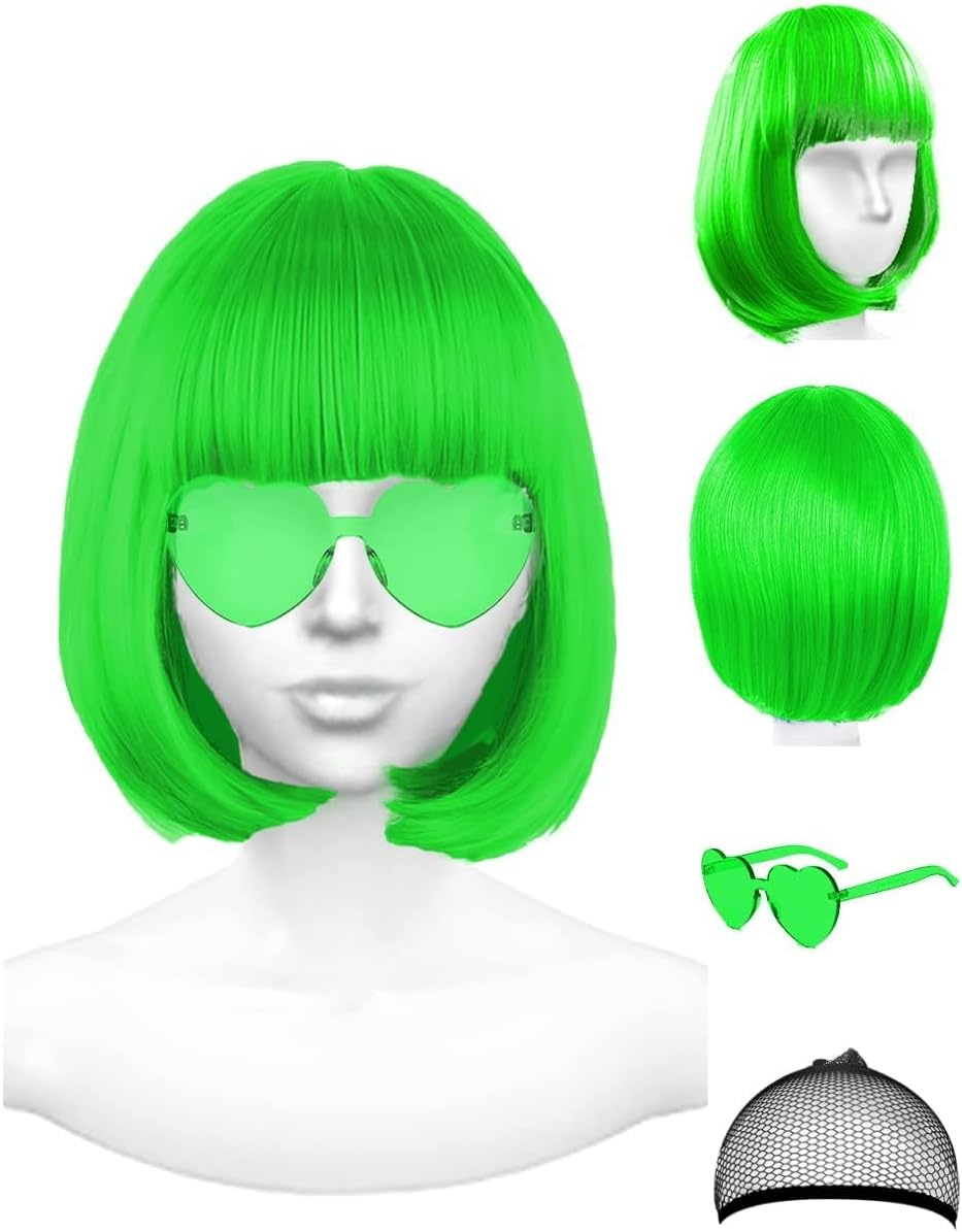 Pink Wig and Party Sunglasses, Bob Wig with Bangs Light Pink Wigs for Women, Cosplay Party Wigs - Bachelorette Decorations Favors (Pink)